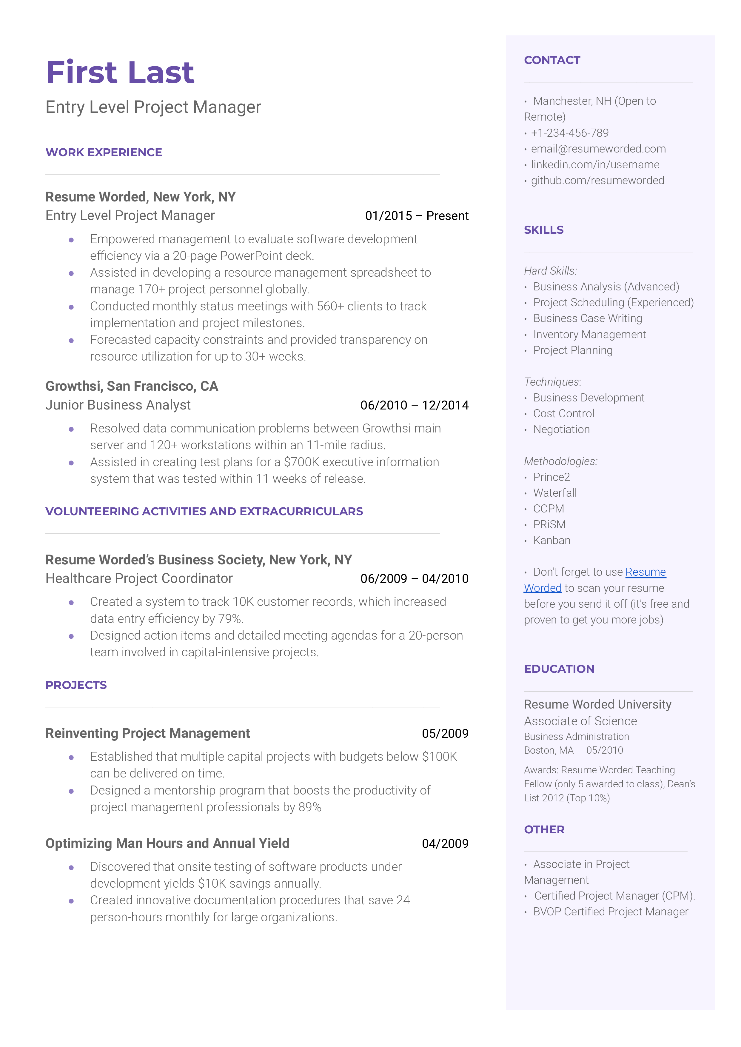 Entry Level Project Manager Resume Example Cv Junior vrogue.co