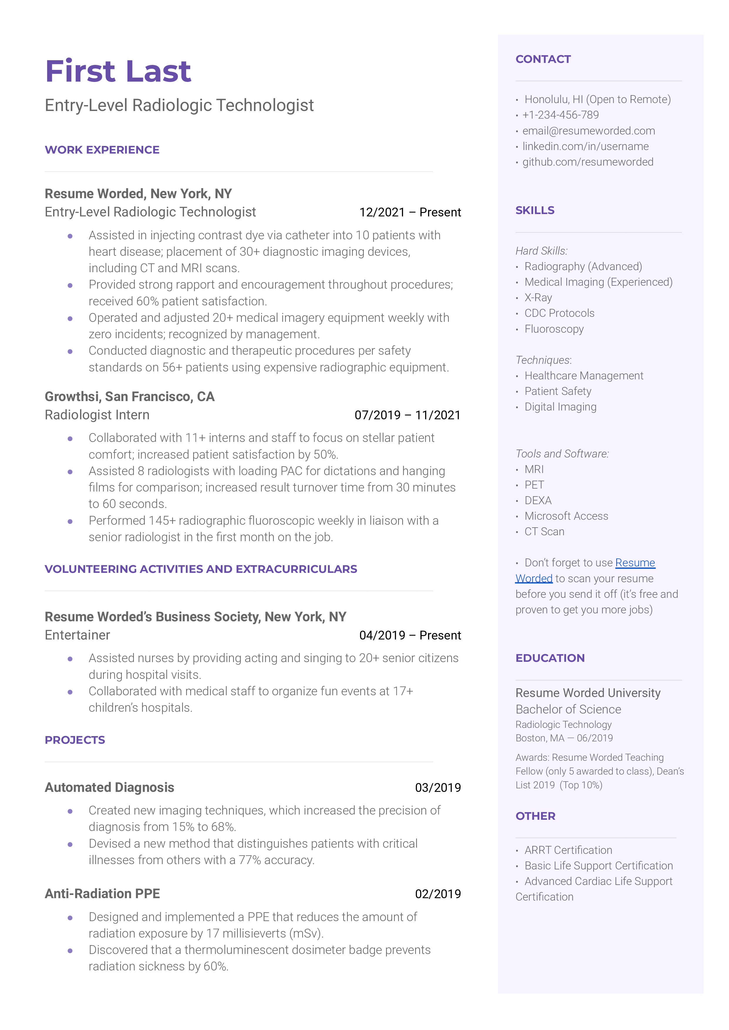 An entry-level radiologic technologist resume sample that highlights the applicant’s project experience and certifications.