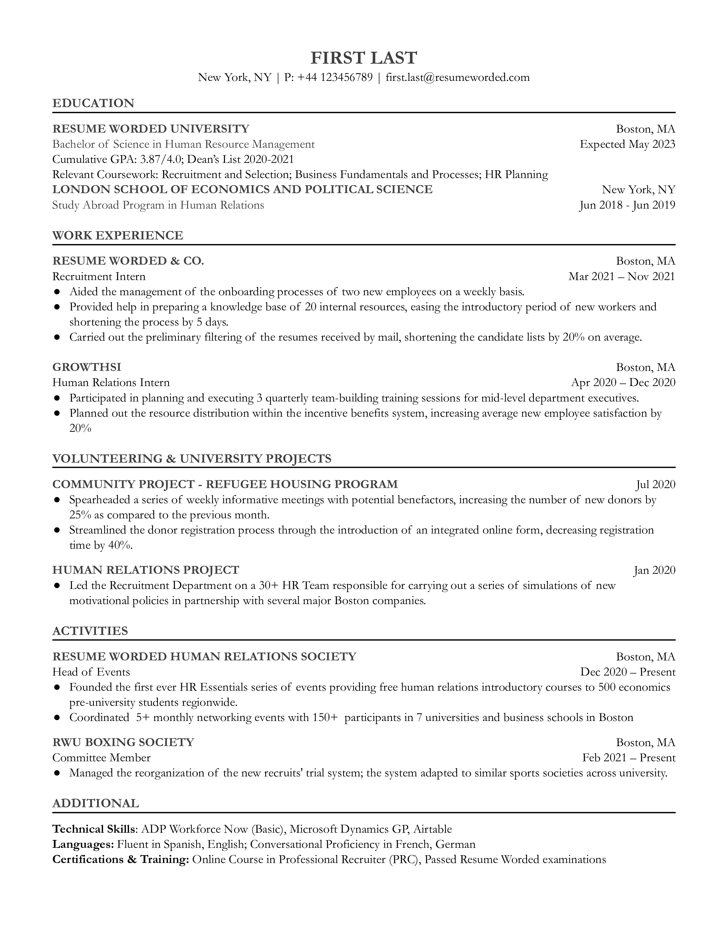 An entry-level recruiter resume highlighting relationship management and adaptability skills.