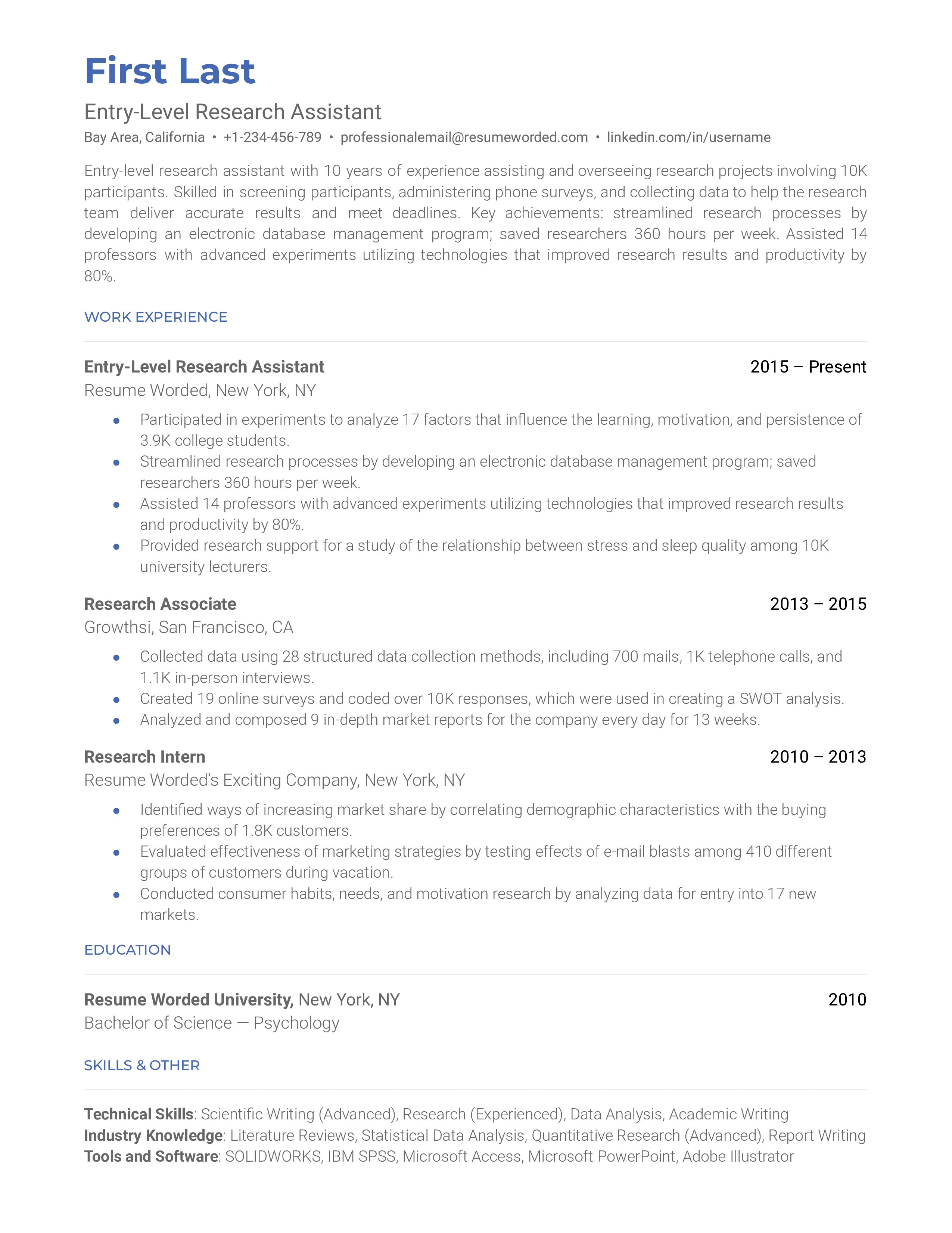 Graduate's CV for an entry-level research assistant role.