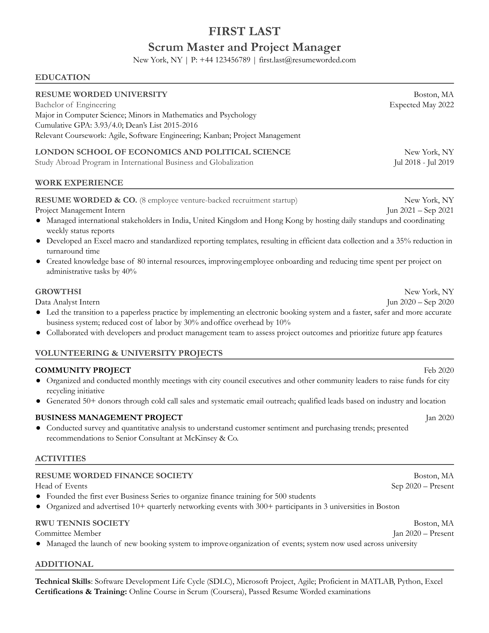 An example of a CV for an entry-level Scrum Master highlighting Agile experience and soft skills.