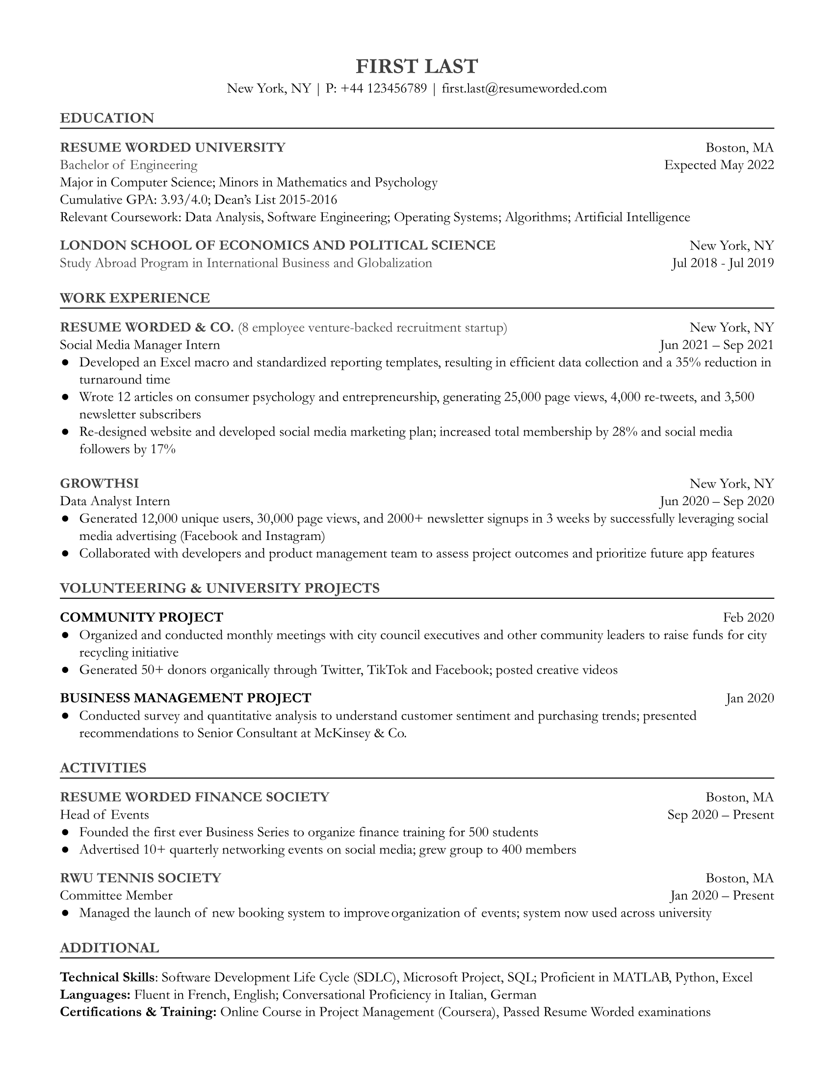 Entry level social media resume that focuses on education and internships