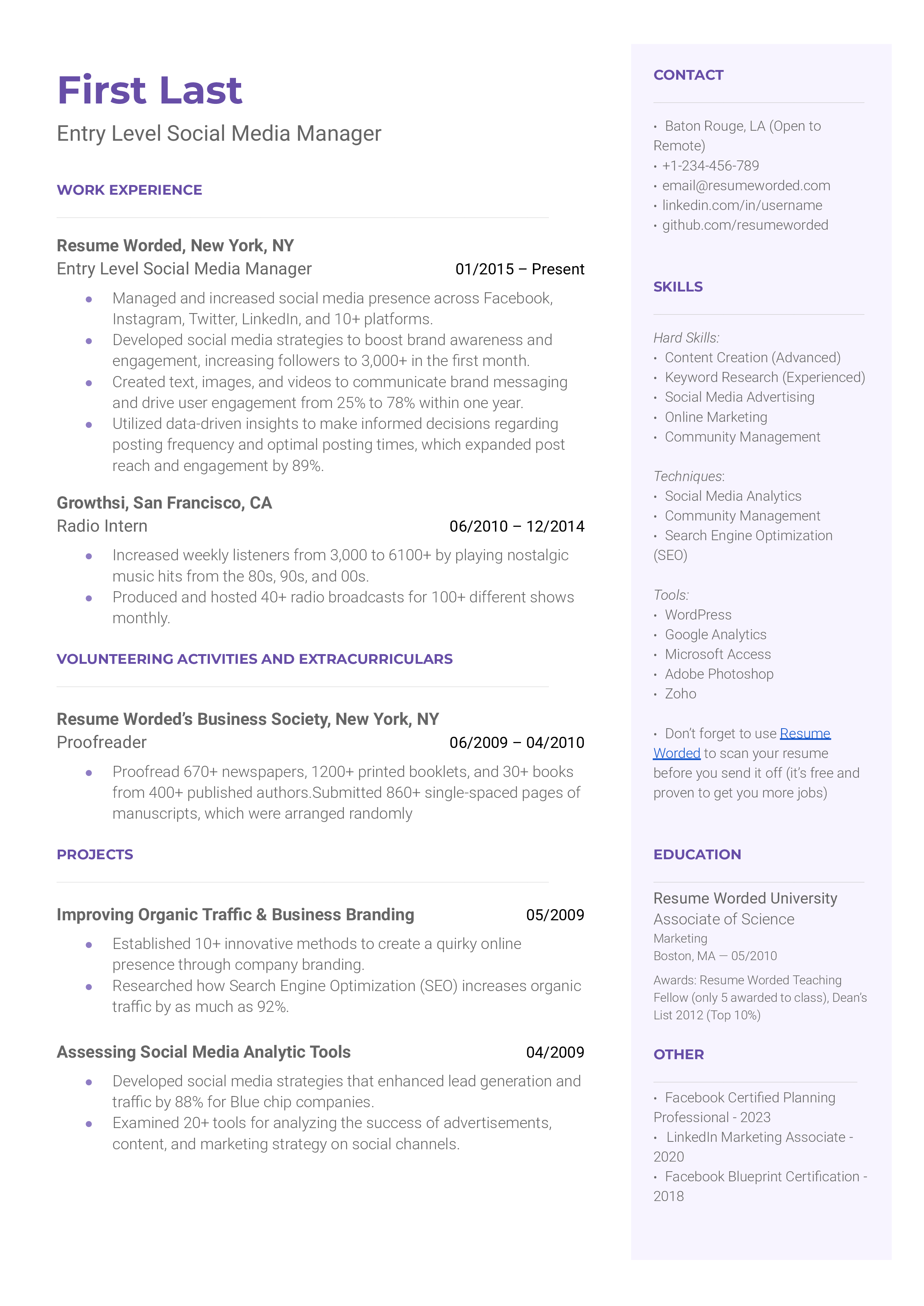 resume examples social media manager