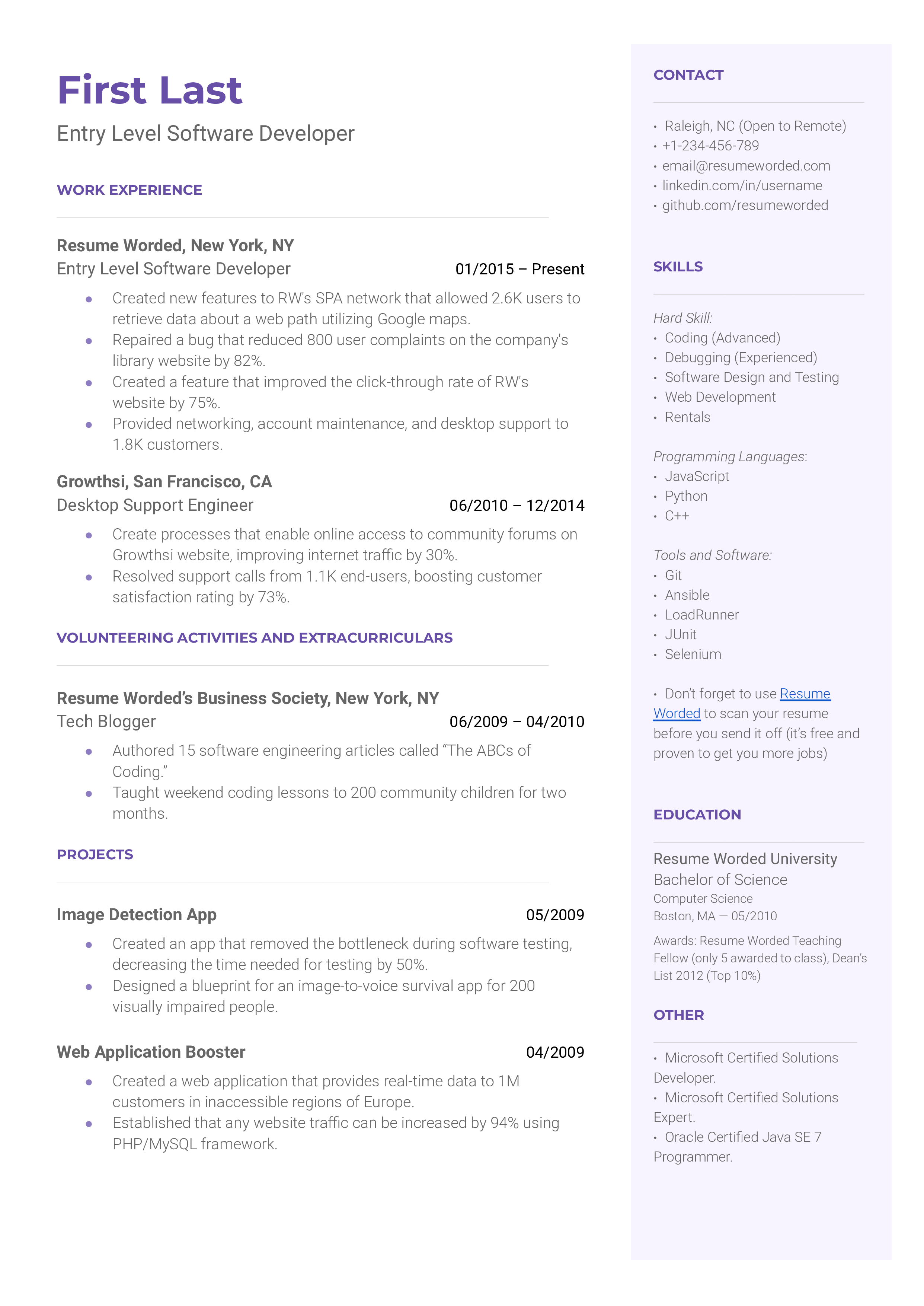 An entry-level software developer resume template that highlights volunteering experience and personal projects