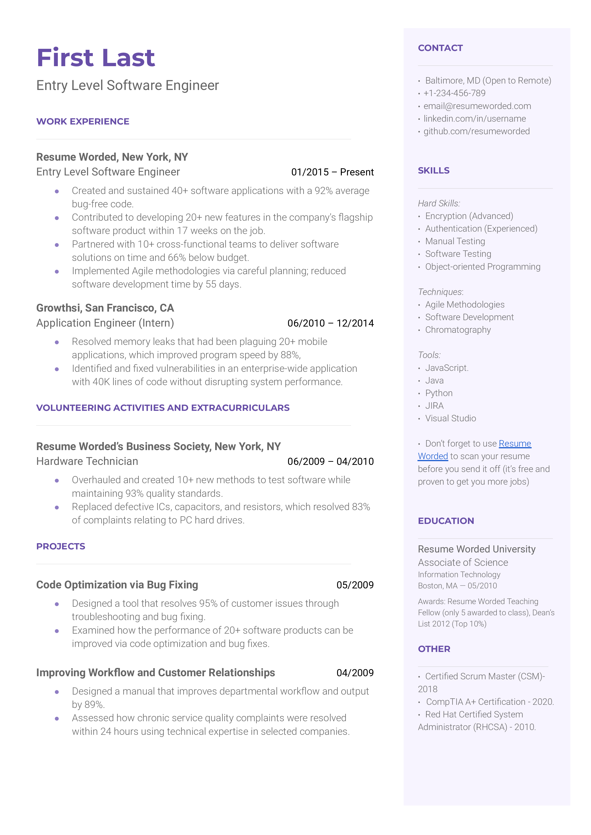 A snapshot of an Entry Level Software Engineer CV showcasing key projects and teamwork experience.
