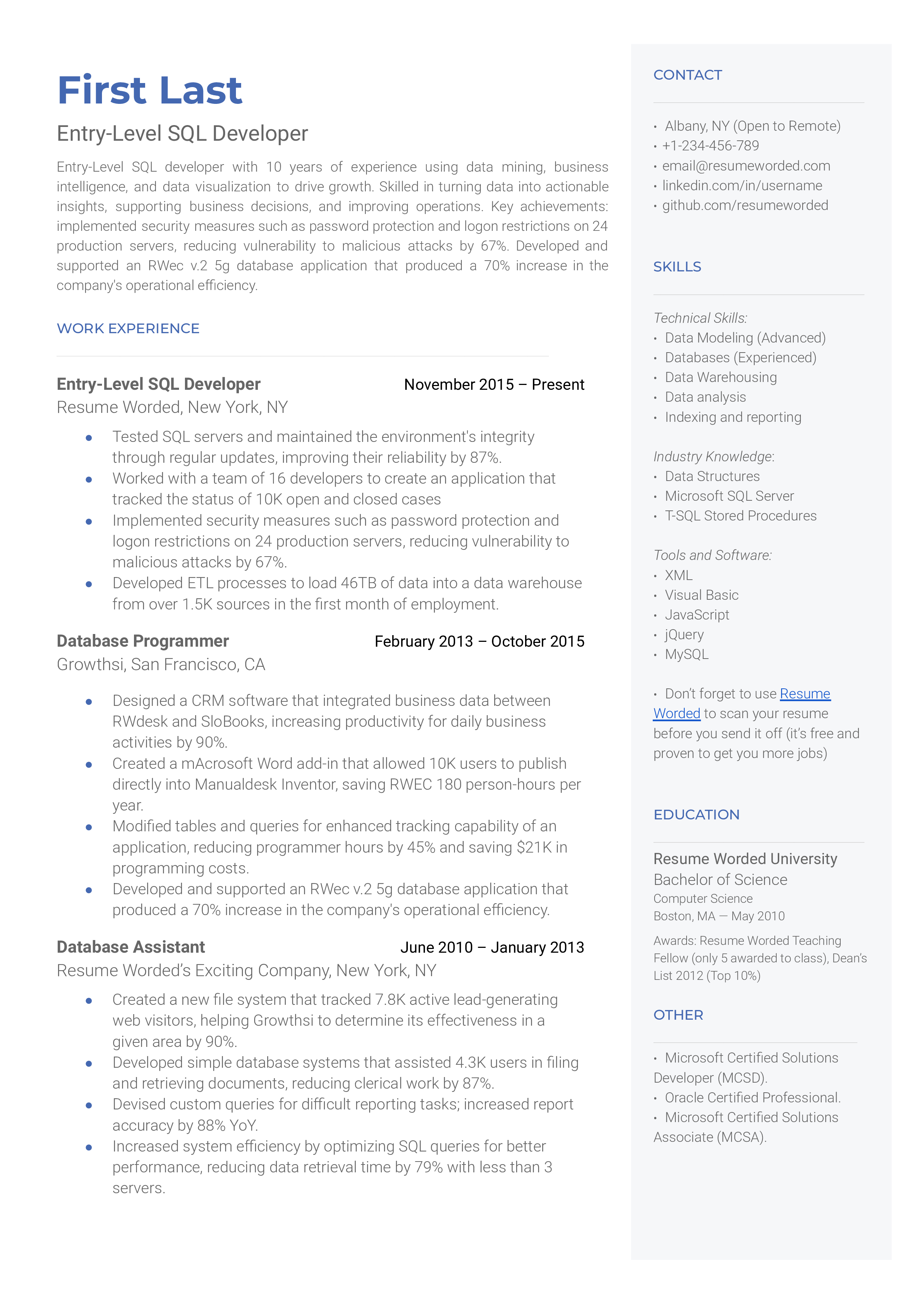 An entry-level SQL developer CV showcasing relevant coursework and SQL tools expertise.