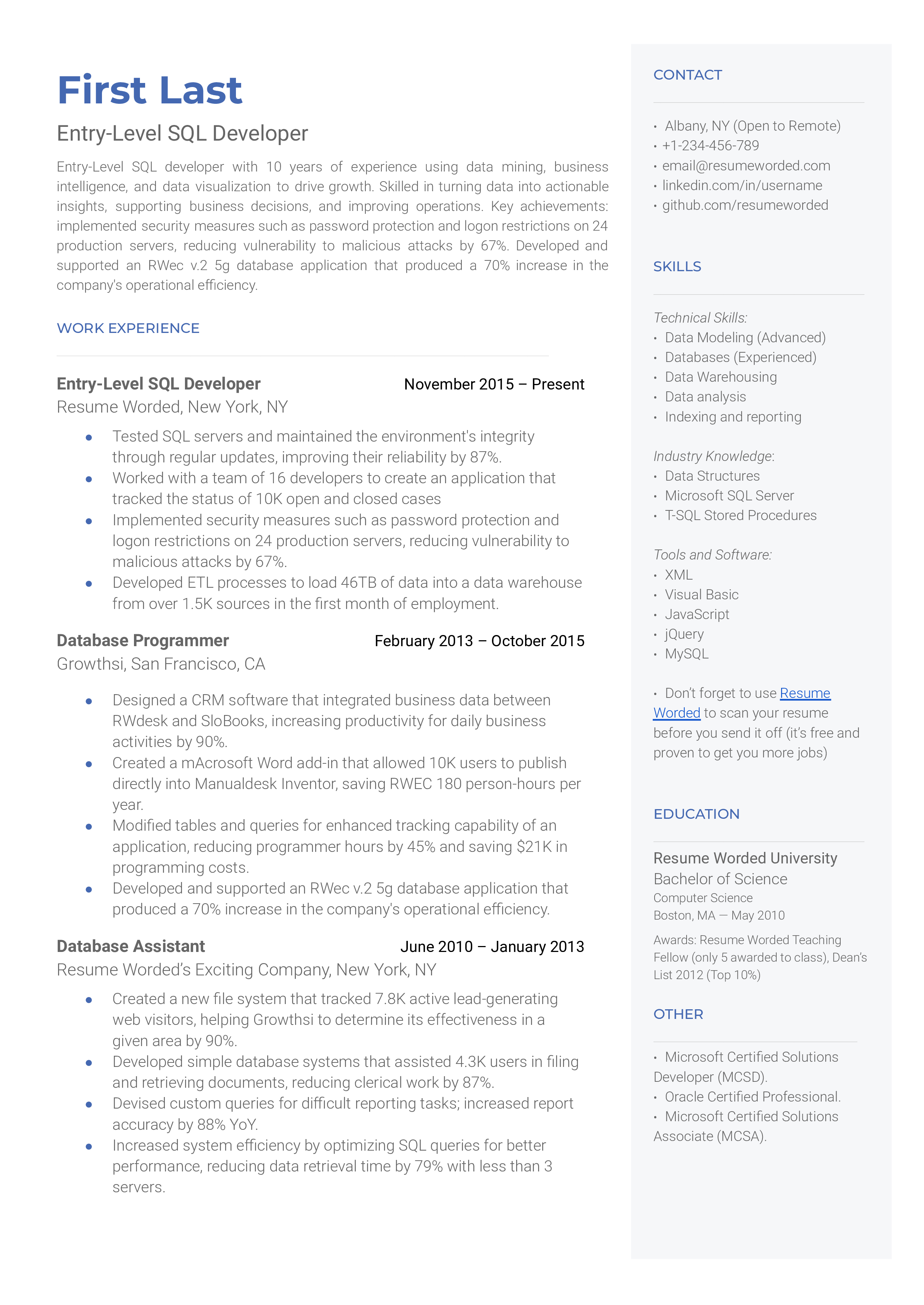 Entry Level Sql Developer Resume Example For Resume Worded Vrogue 20345 ...