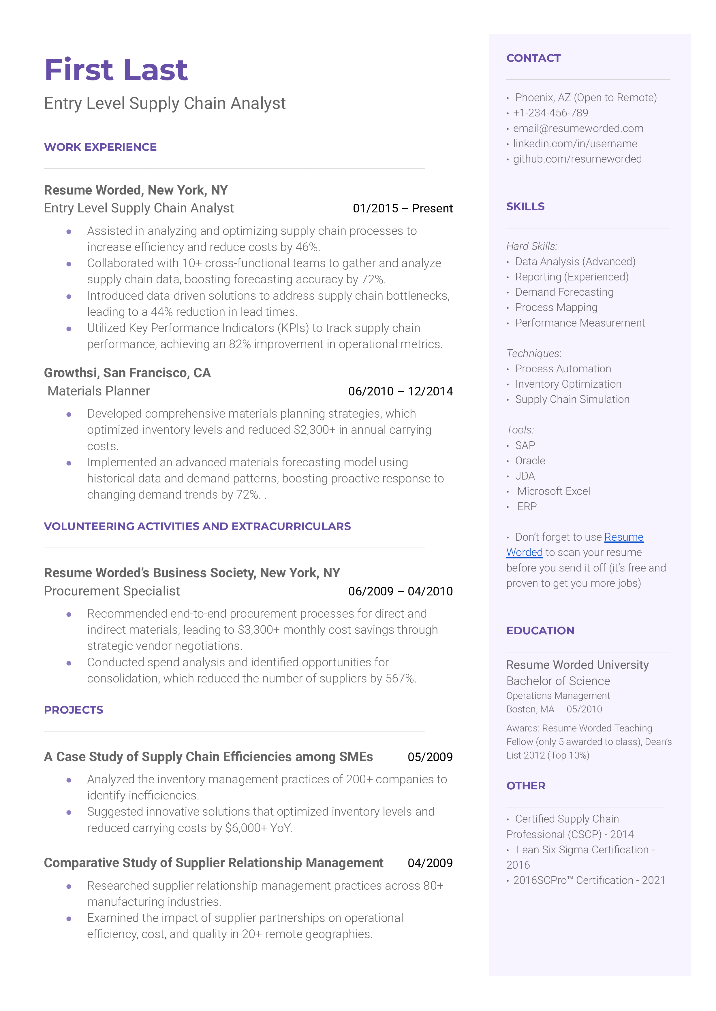 A screenshot of a resume for an entry level supply chain analyst role.
