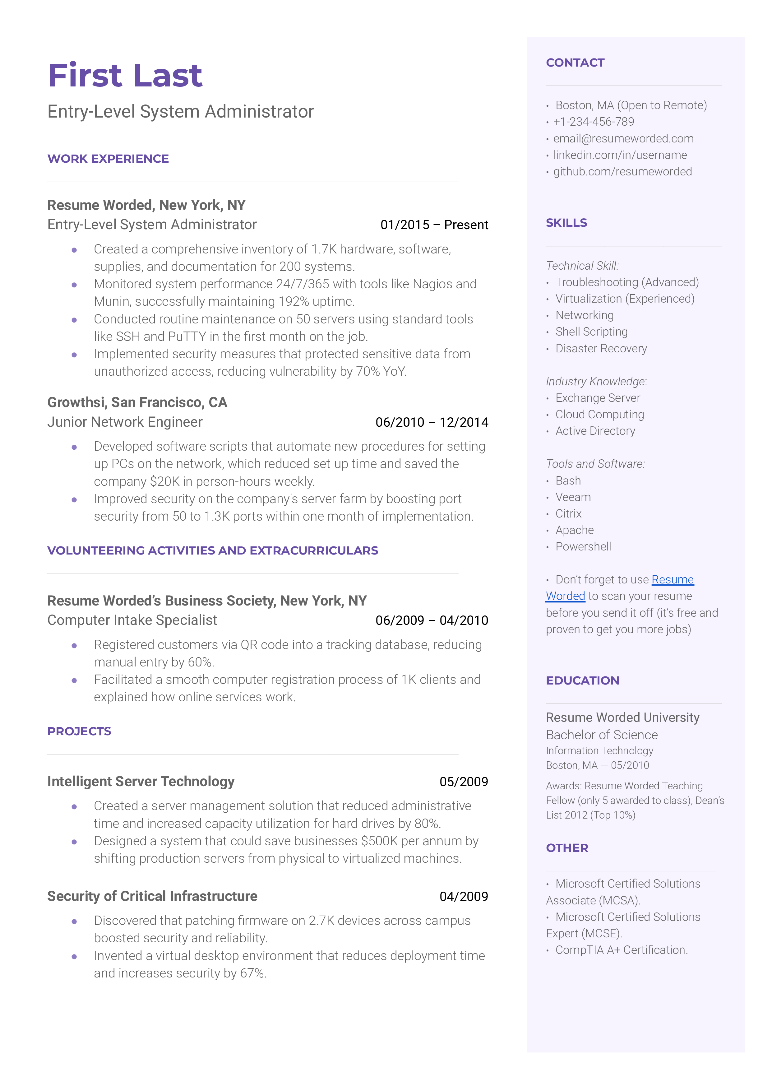 A CV for an Entry-Level System Administrator showcasing technical skills and IT trend awareness.