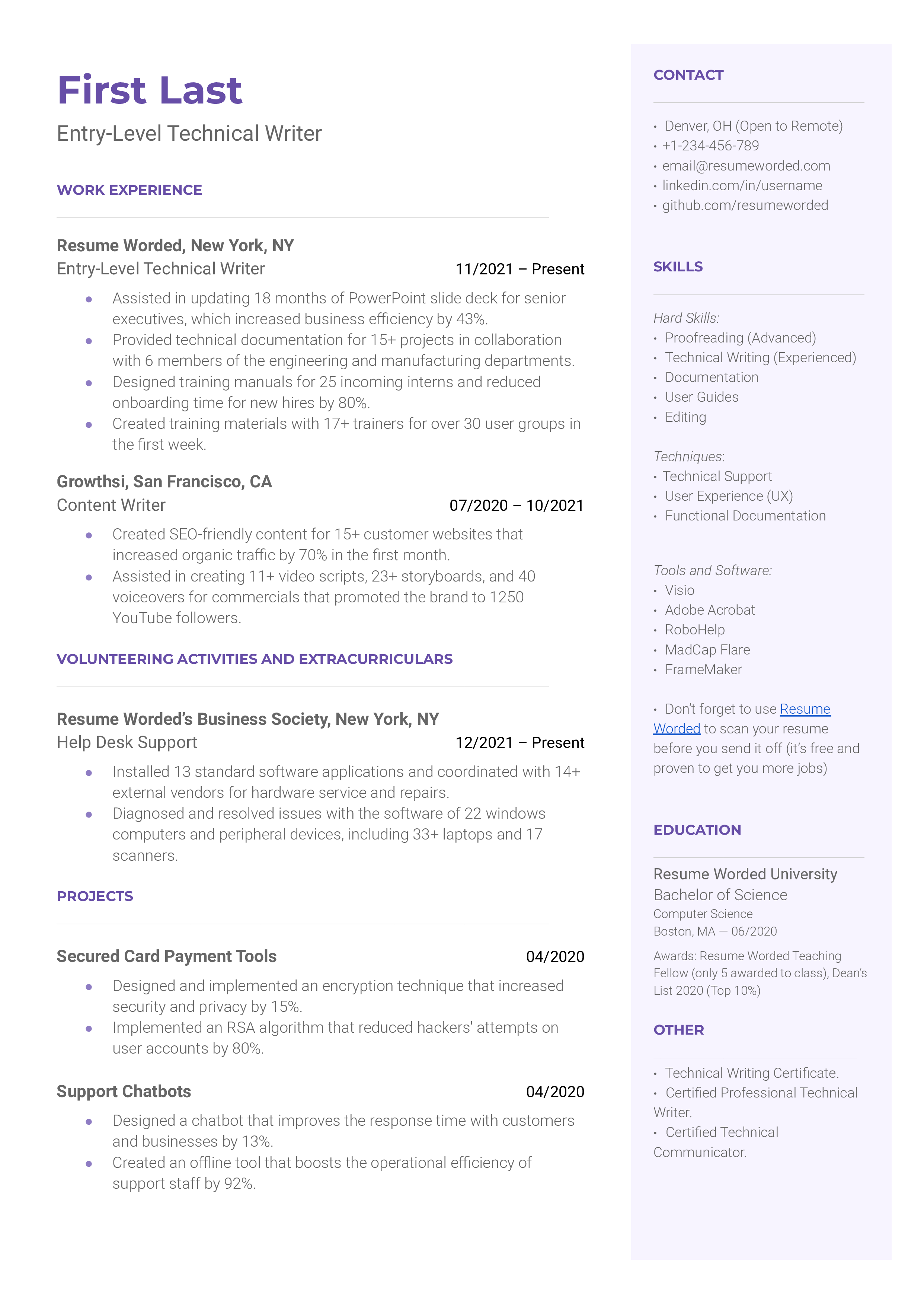 An entry-level technical writer resume sample that highlights the applicant’s certifications and experience.
