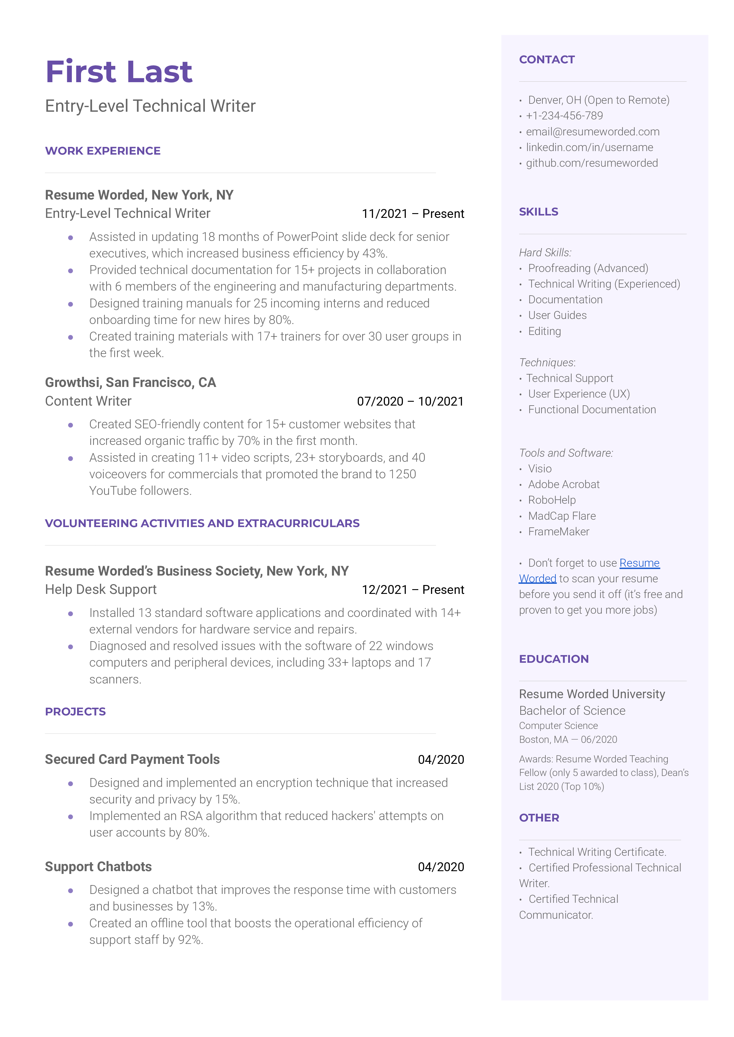 Entry-Level Technical Writer Resume Sample