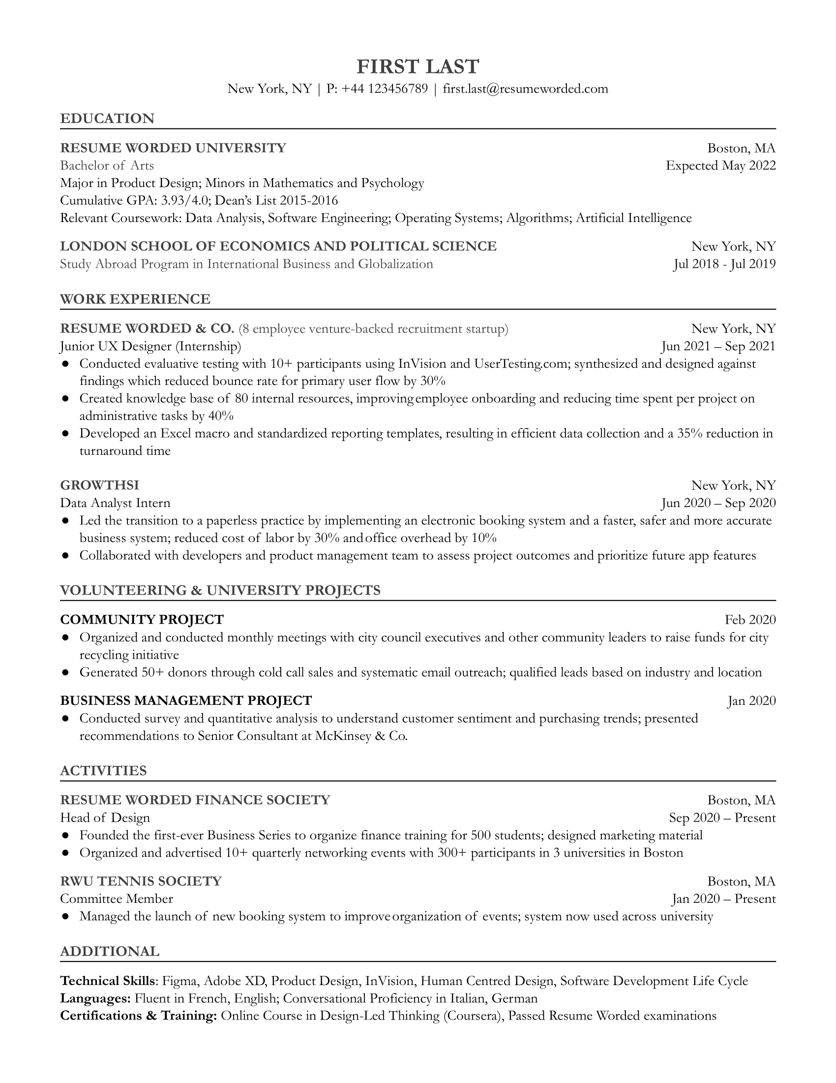 Entry-level UX designer resume sample with a focus on design process and relevant projects.