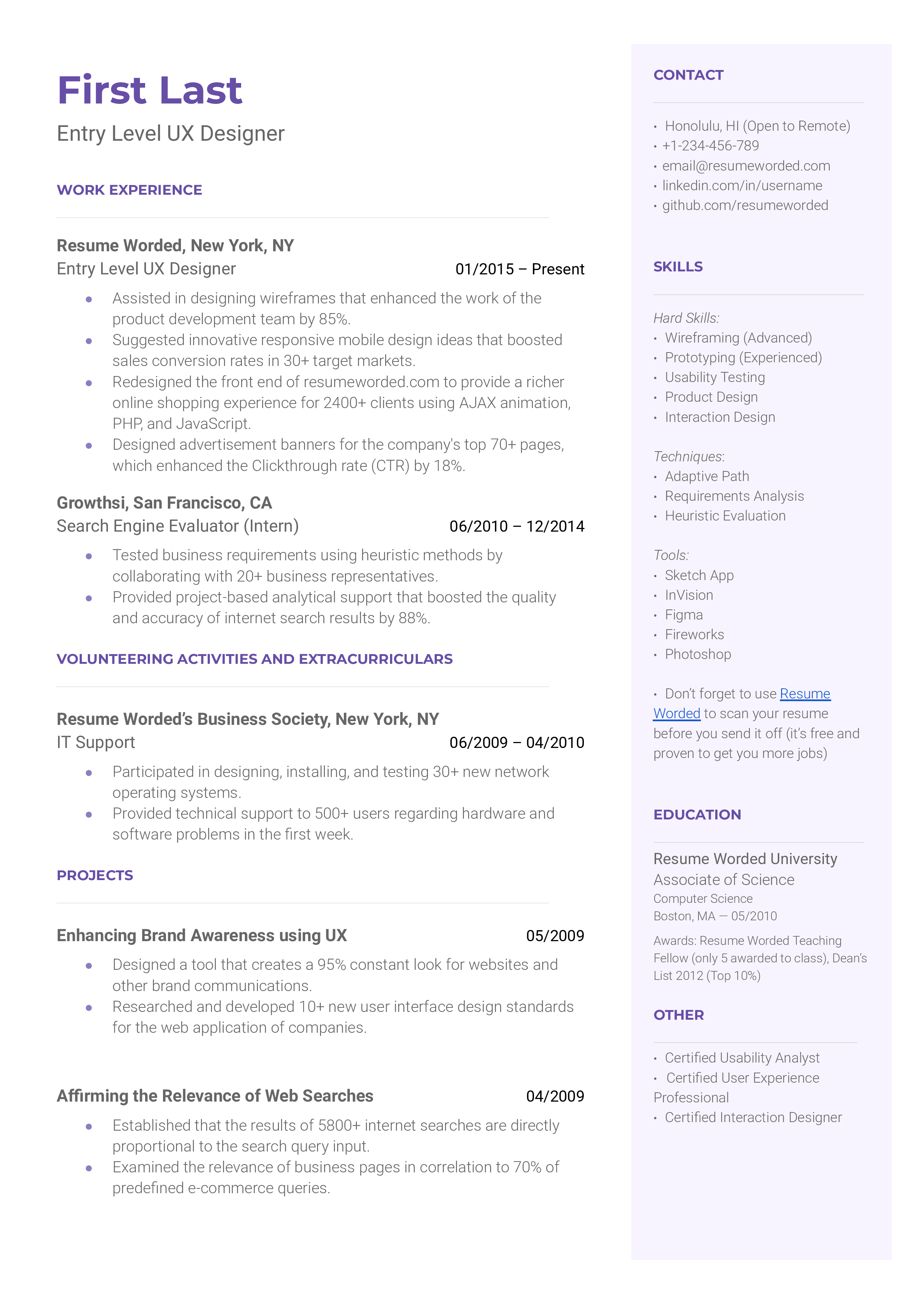 Entry-level UX designer resume sample with a focus on design process and relevant projects.