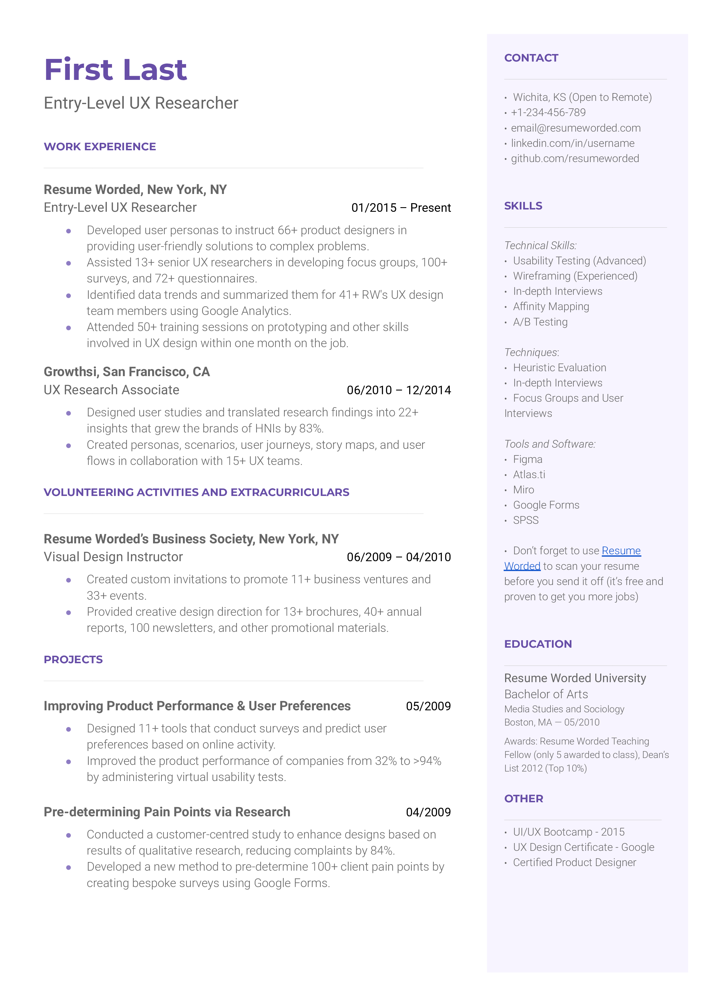 An entry-level UX researcher resume template including volunteering experience. 