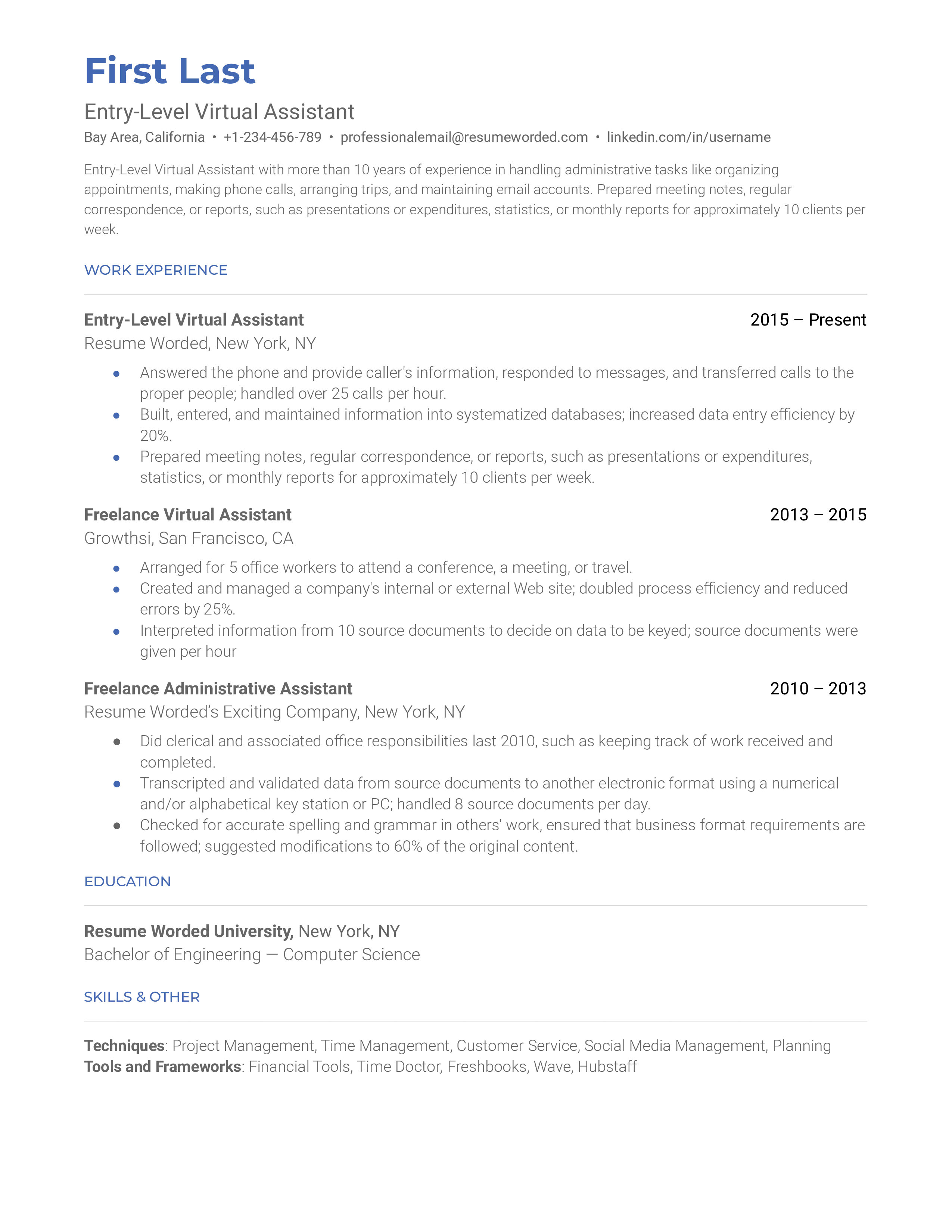 An Entry-Level Virtual Assistant CV showcasing digital competency and problem-solving skills.
