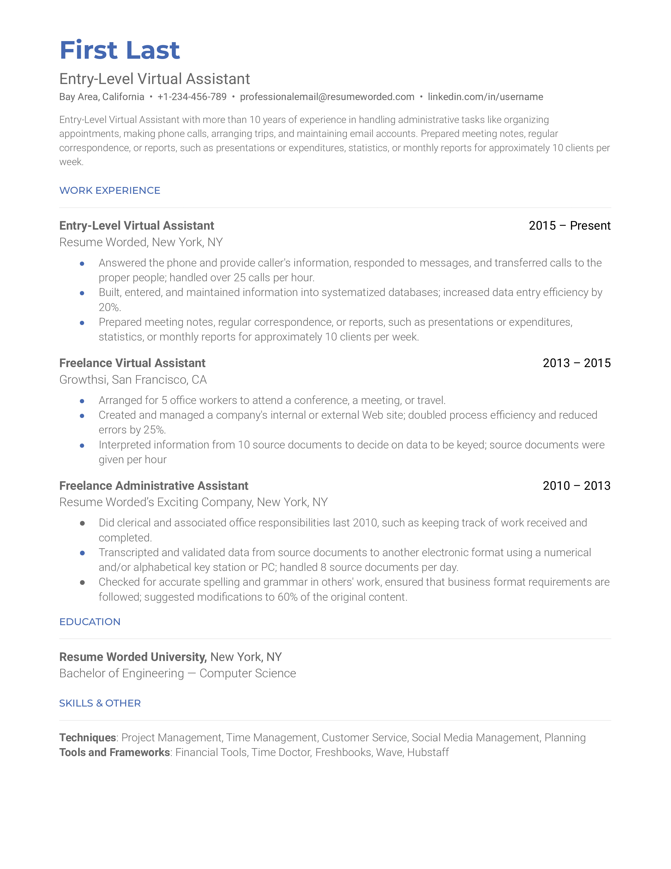 entry level sample resume for virtual assistant with no experience