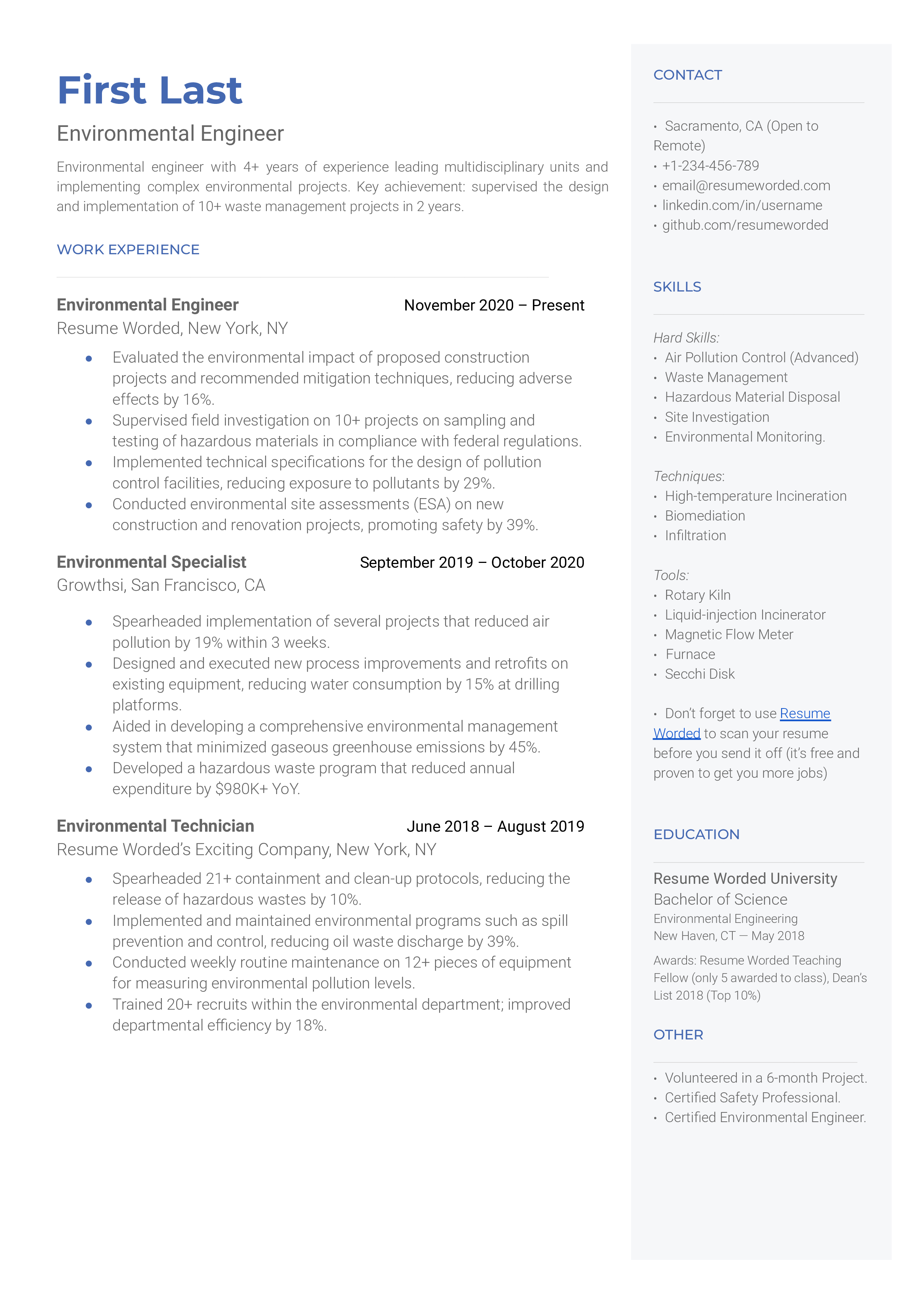 A CV screenshot for an Environmental Engineer position, highlighting technical skills and project experiences.