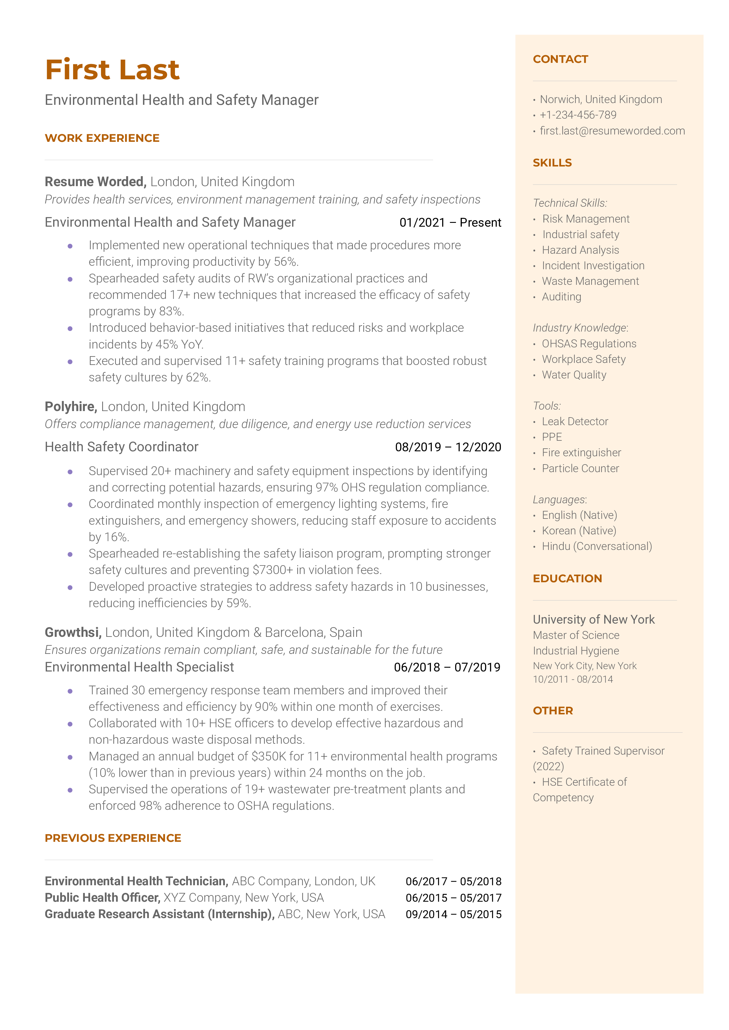 A environmental health and safety manager resume template using relevant certifications. 