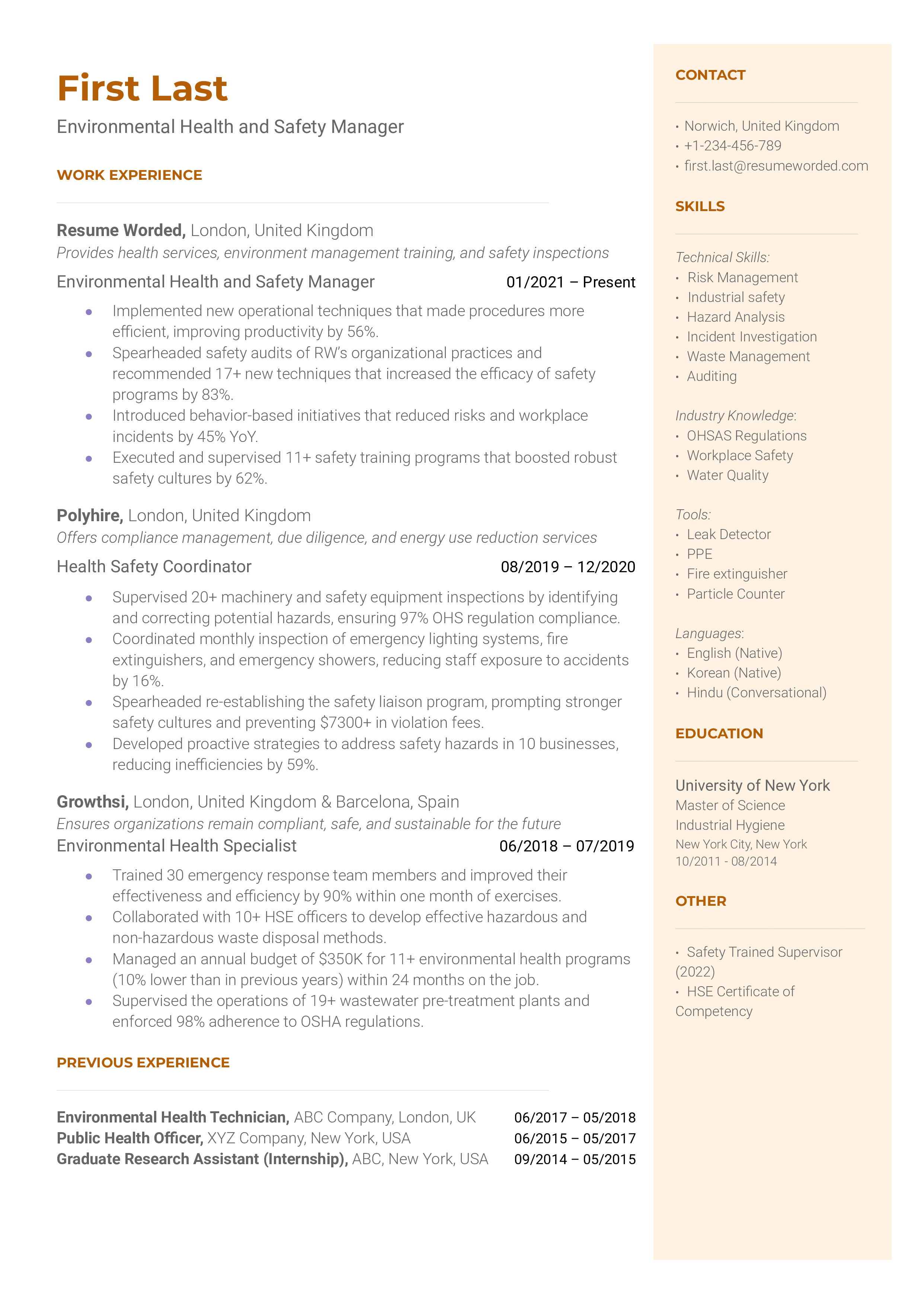 CV example showcasing skills and experiences as an Environmental Health and Safety Manager.