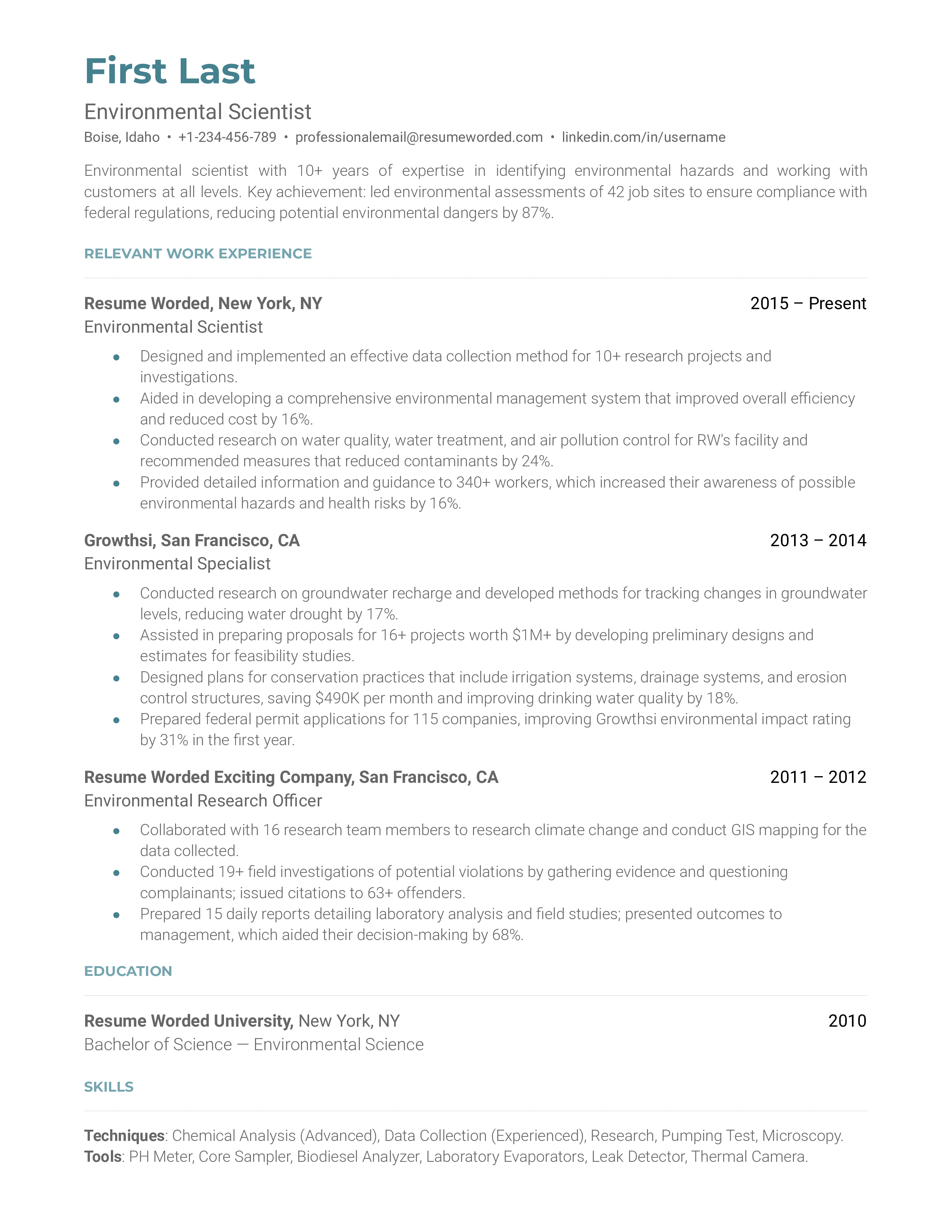 An environmental scientist resume template that is tailored to the industry.