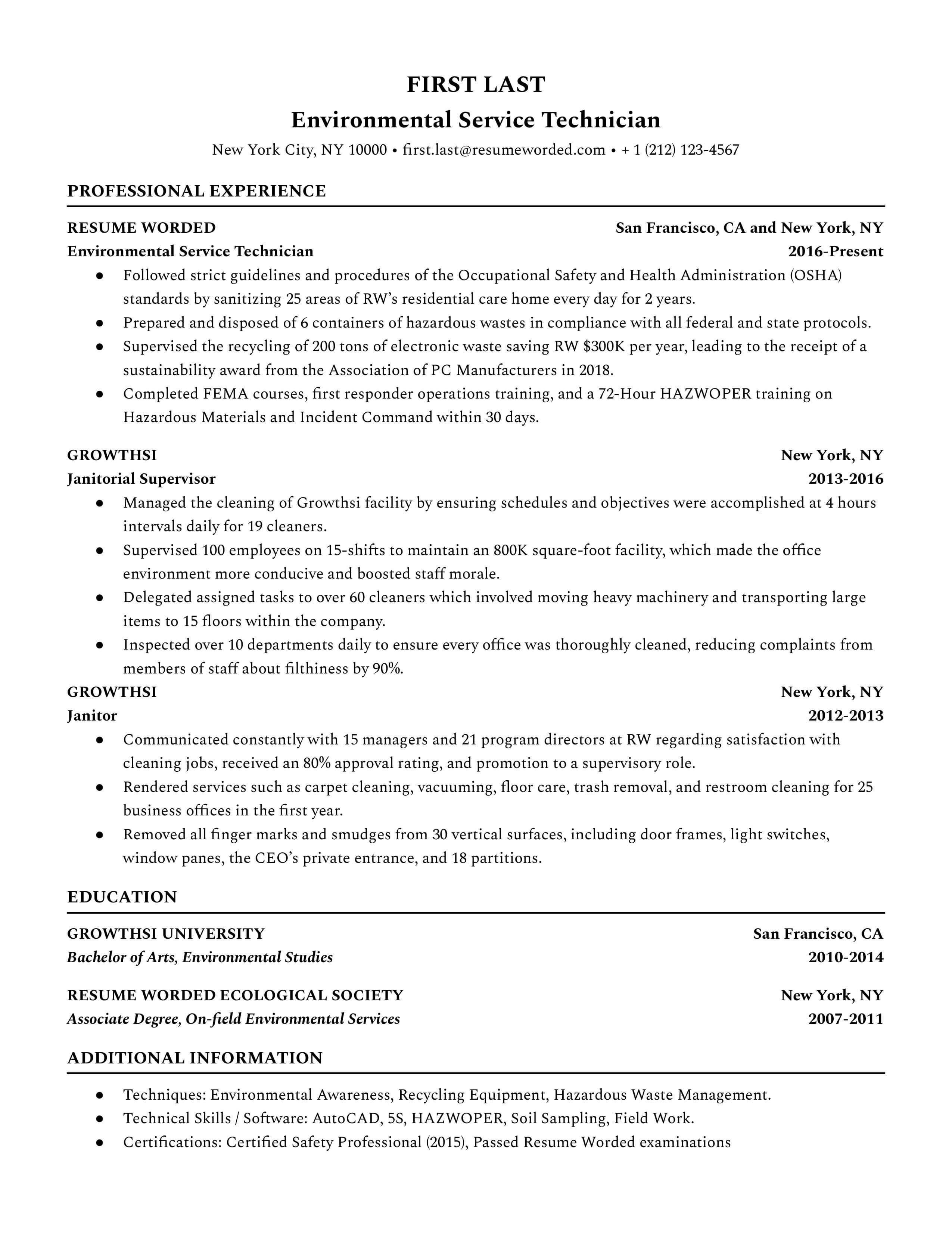 An Environmenal Service Technician resume sample showing career growth and acquired professional experience.