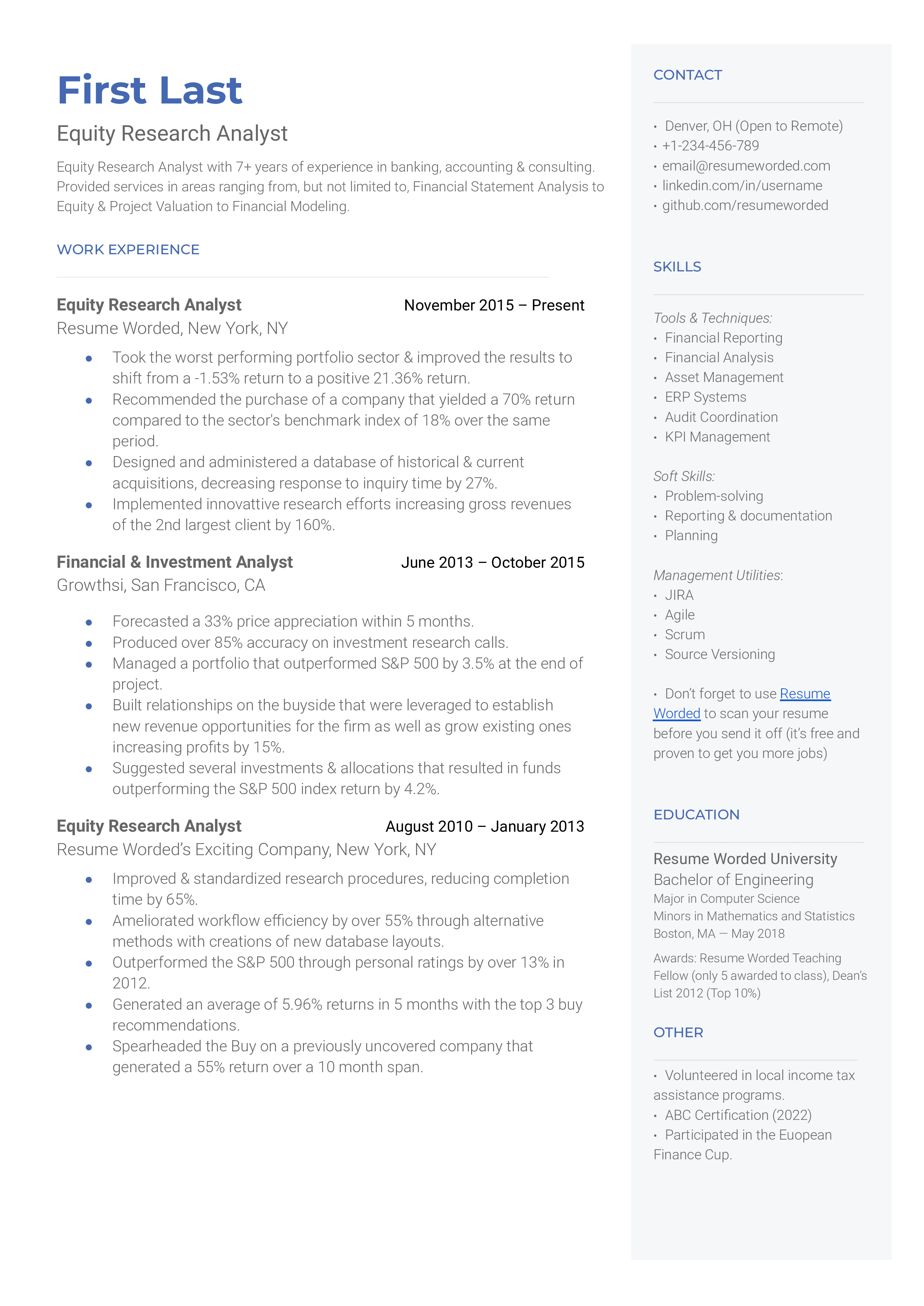 Equity Research Analyst Resume Sample