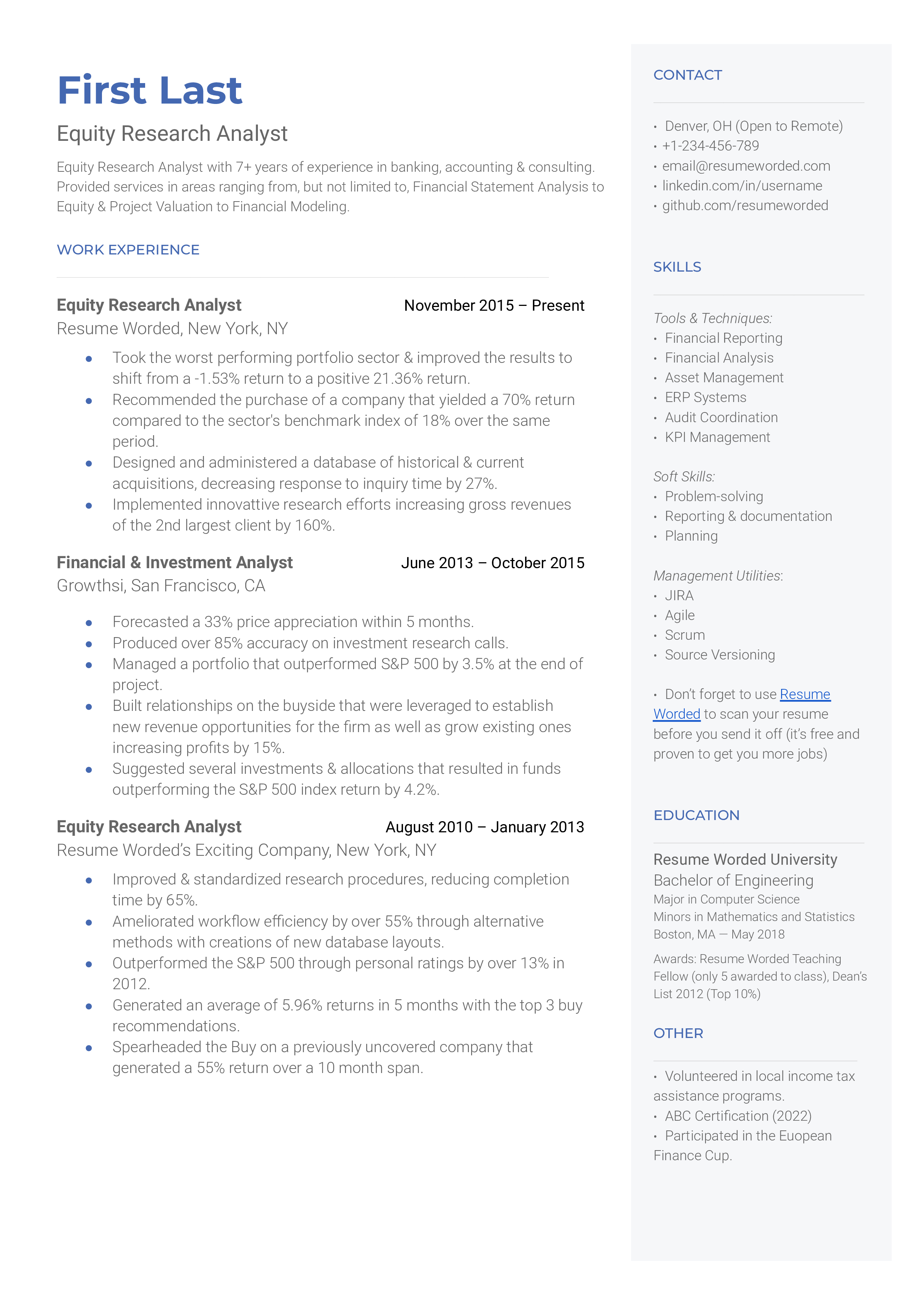 Equity research analyst resume sample that highlights the applicant's value addition and specialisation.