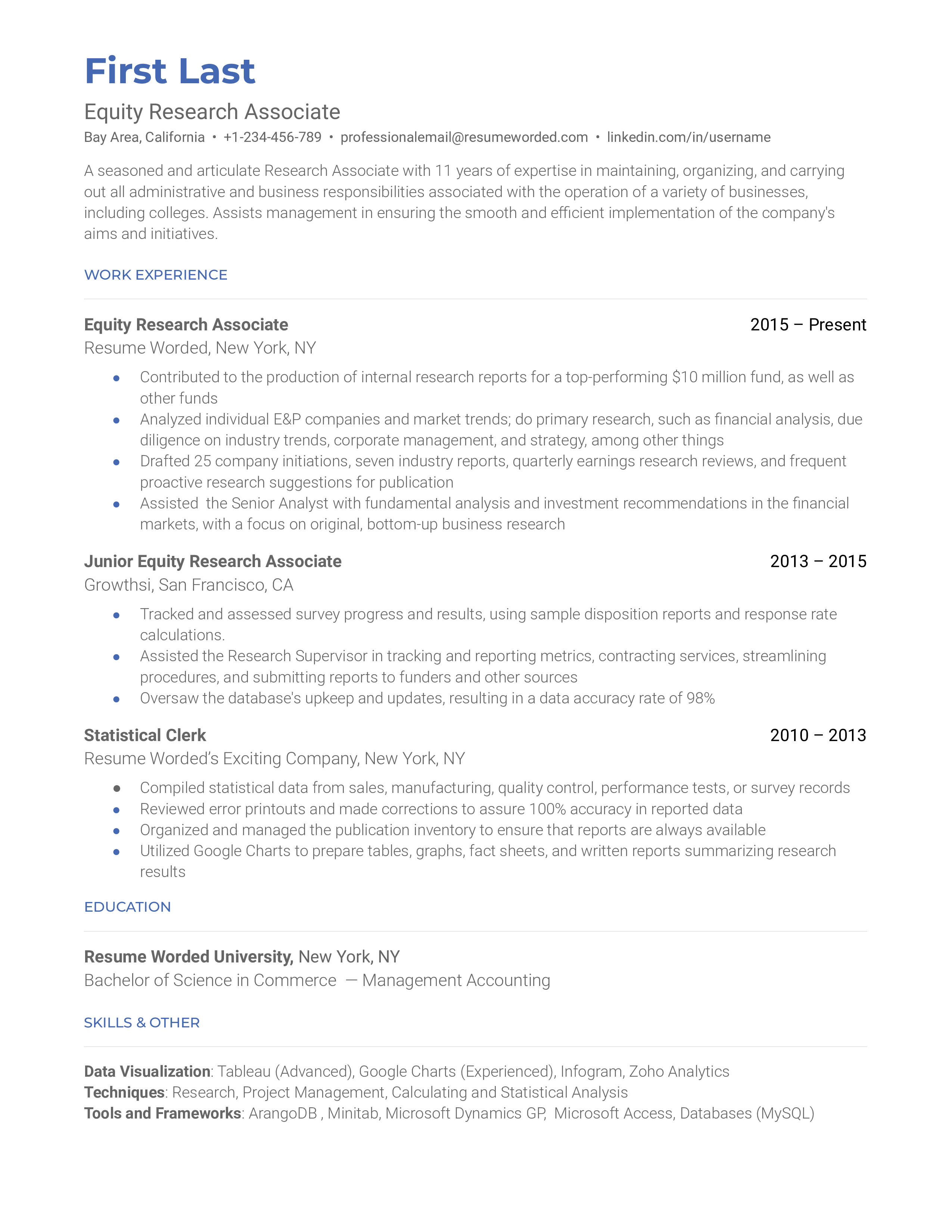Equity Research Associate Resume Template + Example