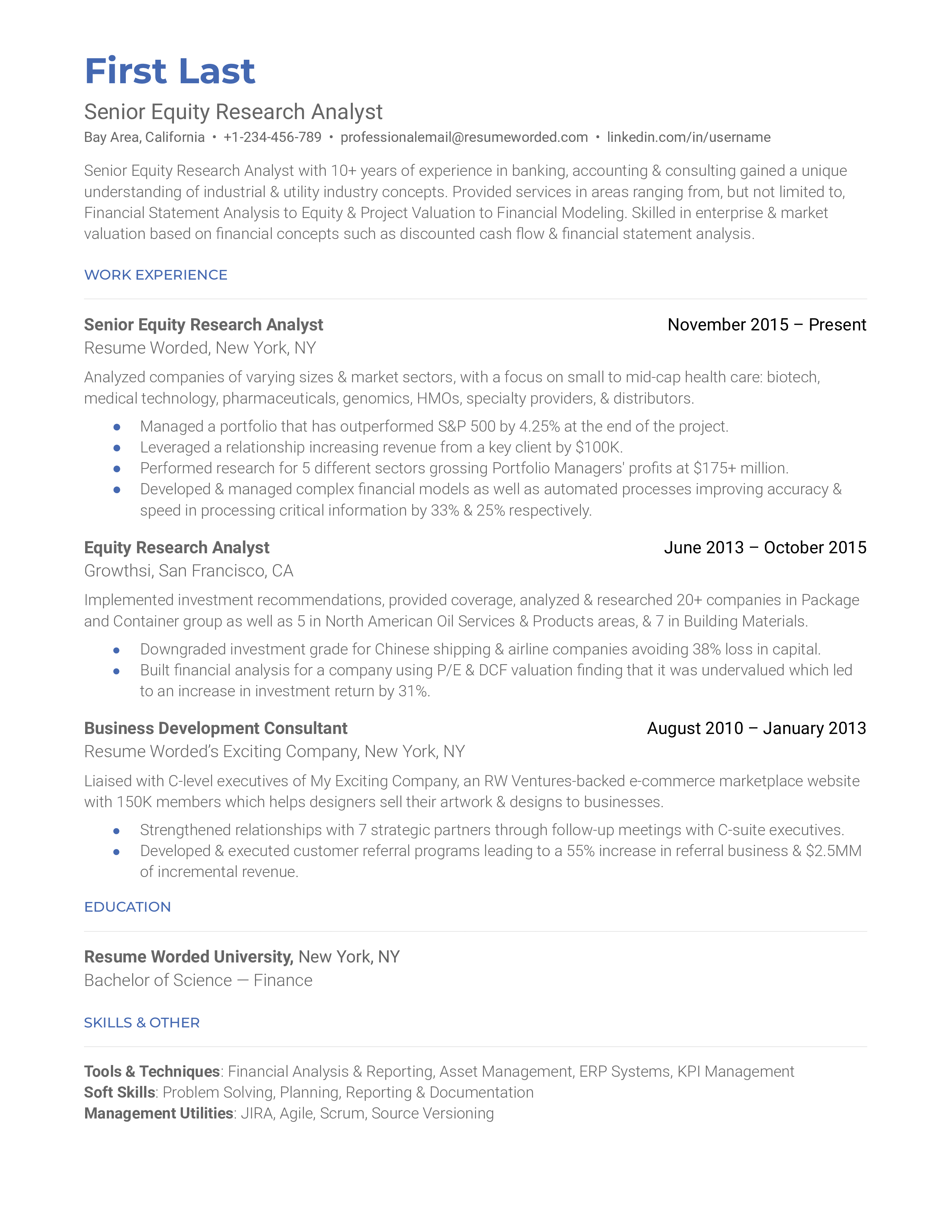Senior research analyst resume sample that highlights applicant's specialization and career progression.