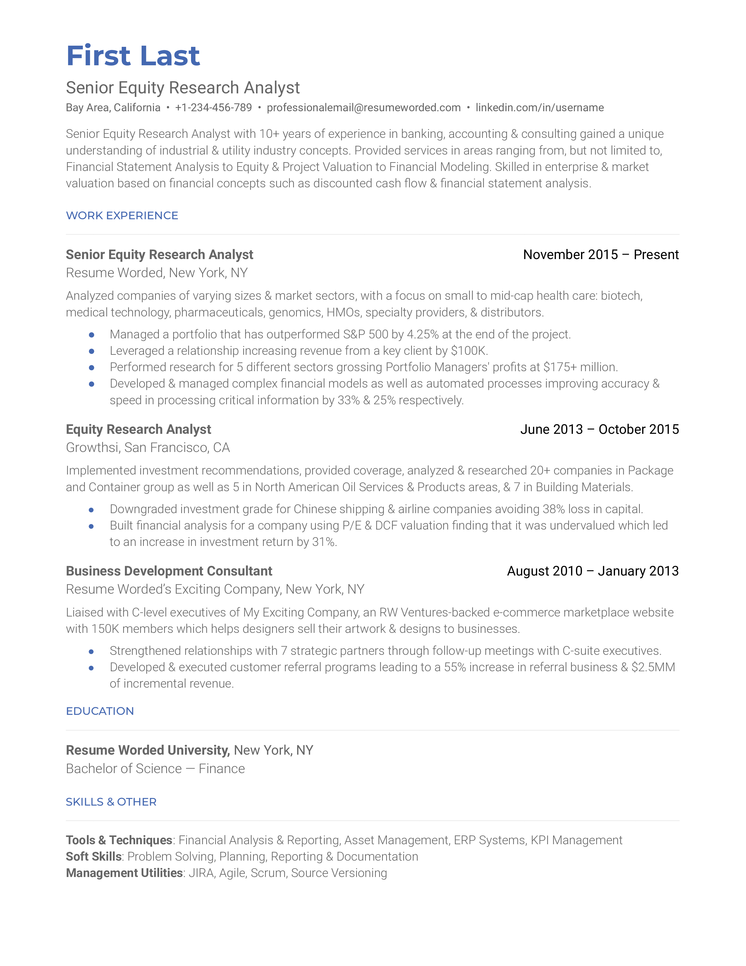 A CV of an Equity Research Senior Analyst showcasing strategic thinking and speed.