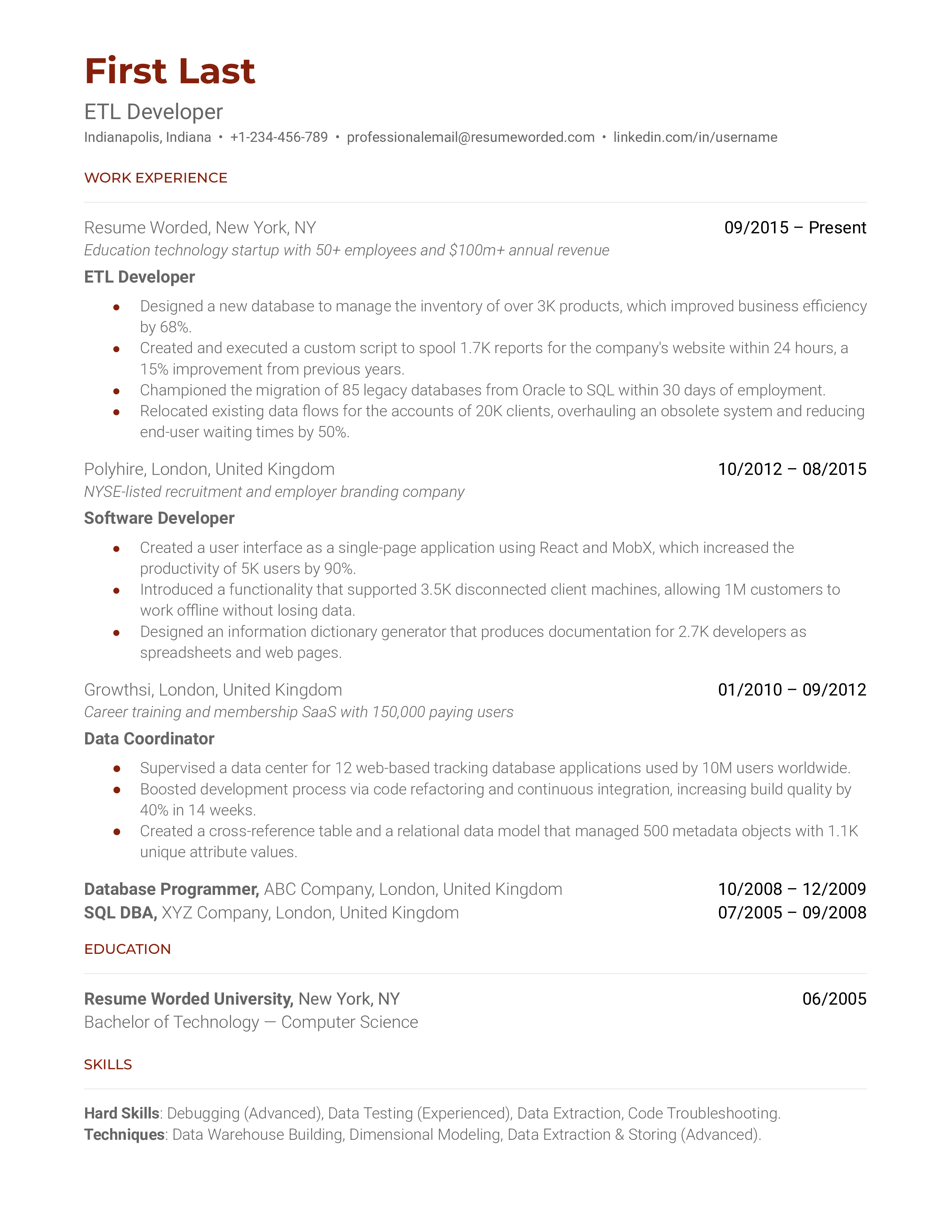 ETL Developer Resume Sample