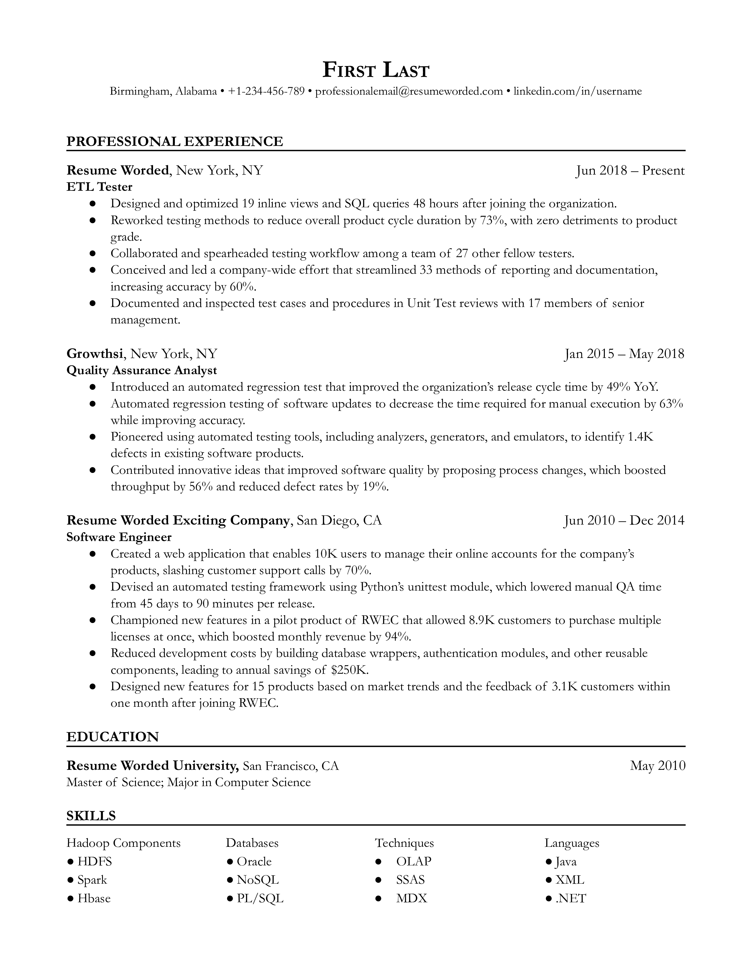An ETL tester resume example that uses metrics to quantify achievements.