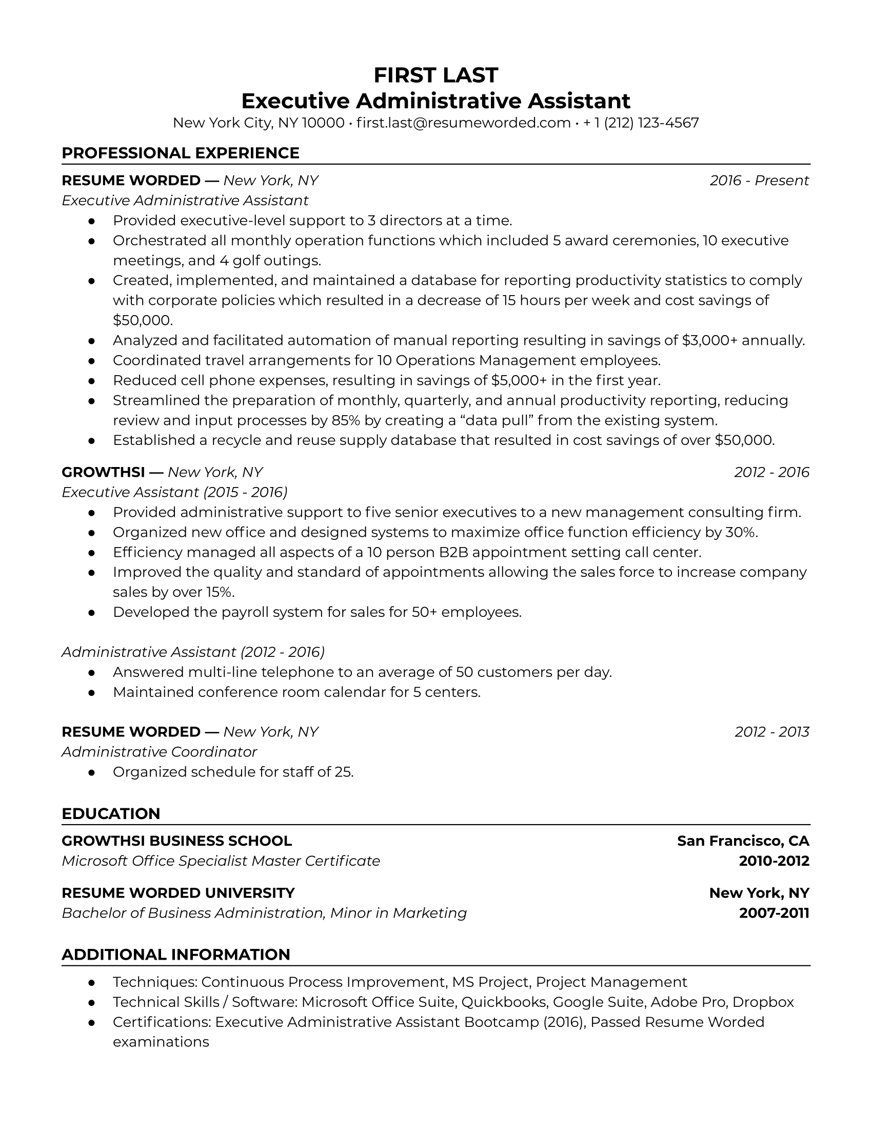A resume for an executive administrative assistant with a bachelor's degree and experience as an adminstrative and executive assistant.