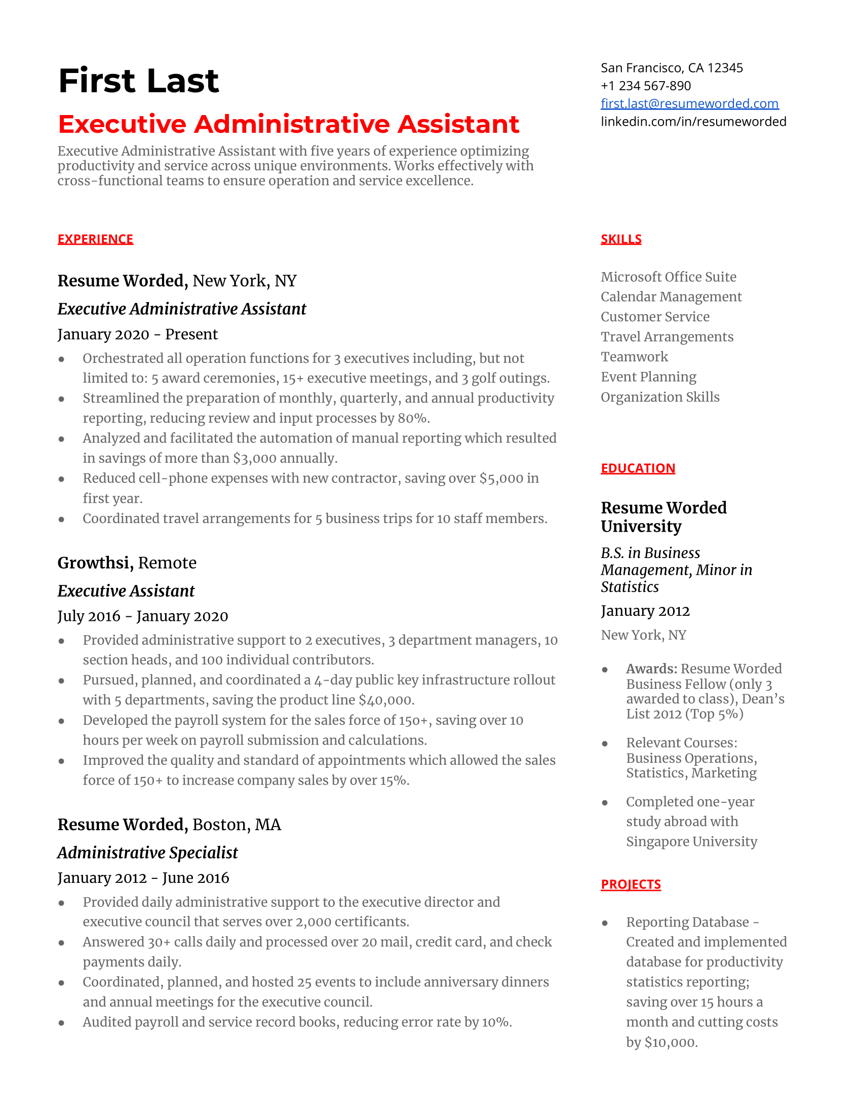 This is an example of a CV for an Executive Administrative Assistant role.