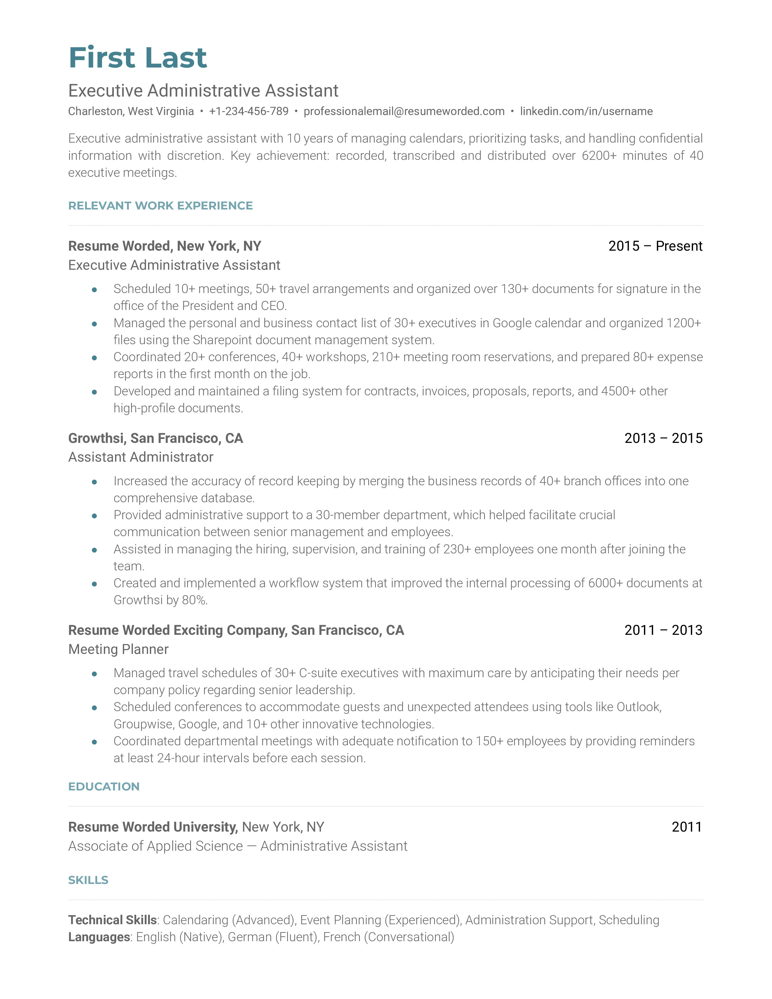 A well-structured CV for an Executive Administrative Assistant position.