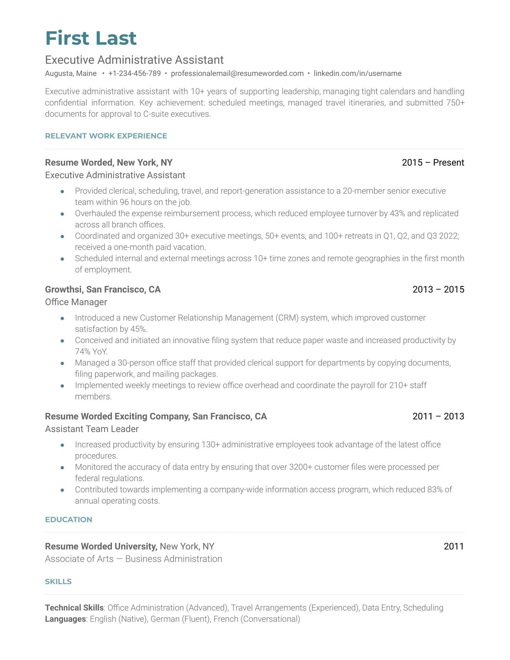 A resume for an executive administrative assistant with a bachelor's degree and experience as an adminstrative and executive assistant.