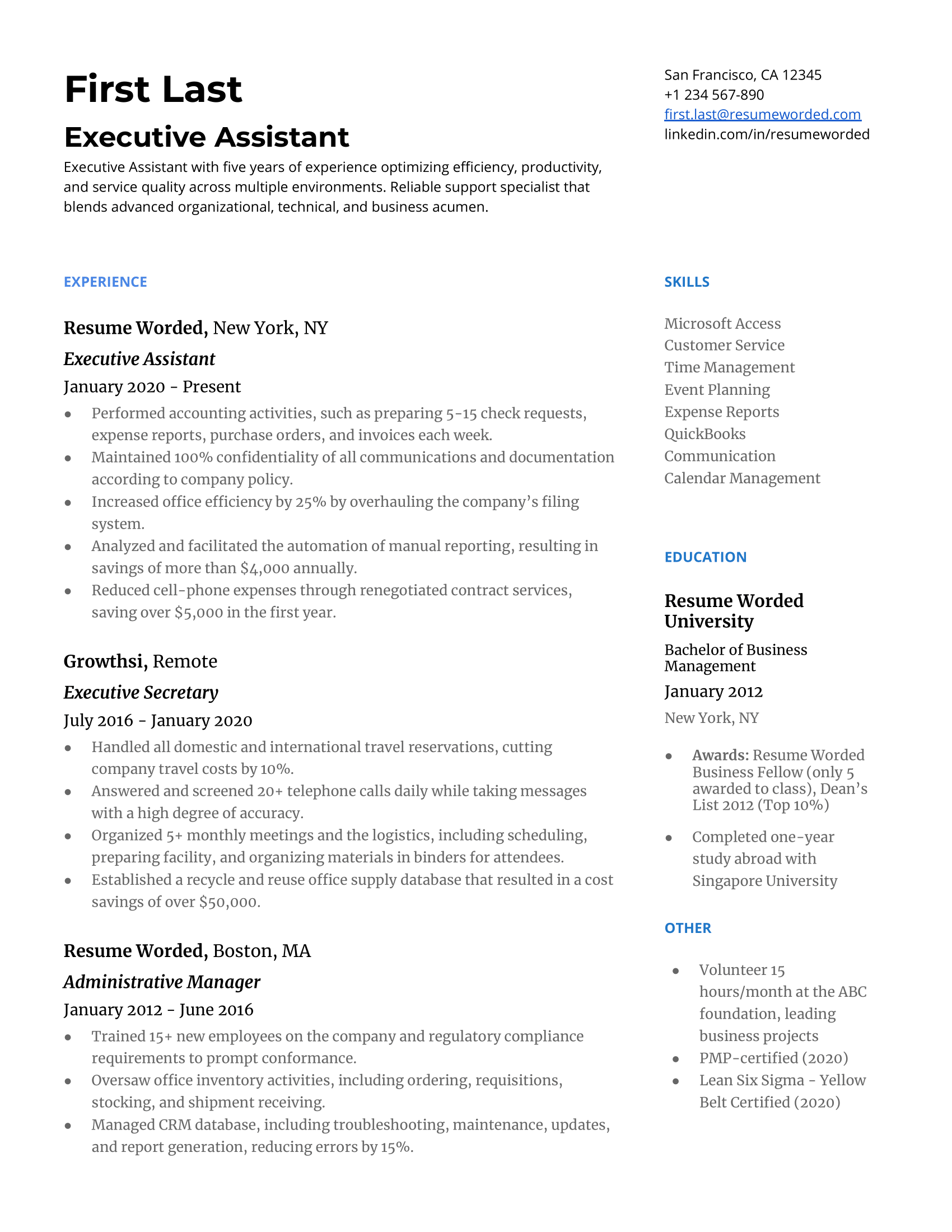 An executive assistant resume template including techniques, skills, and software they have on their toolkit.