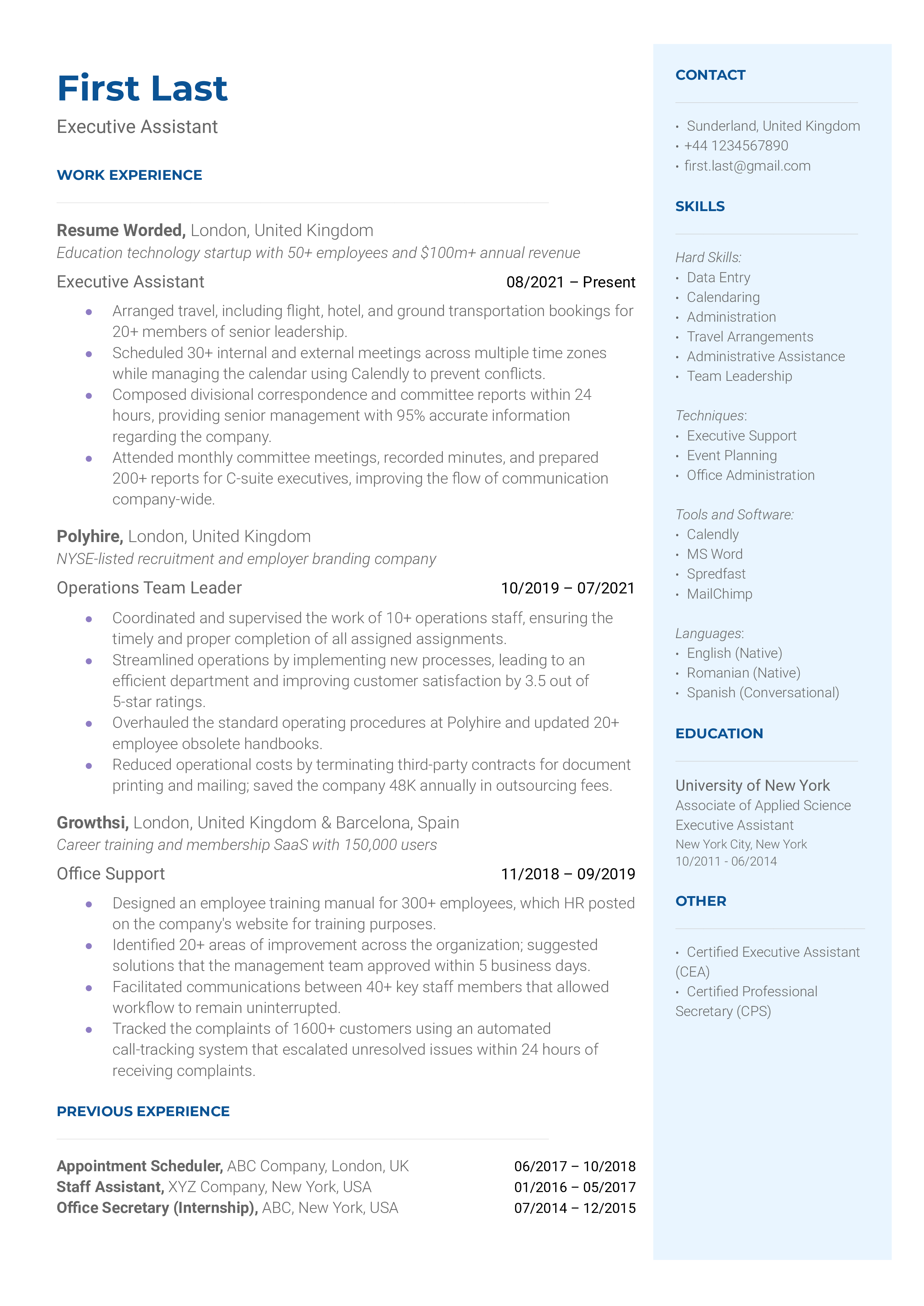 An executive assistant resume template including techniques, skills, and software they have on their toolkit.