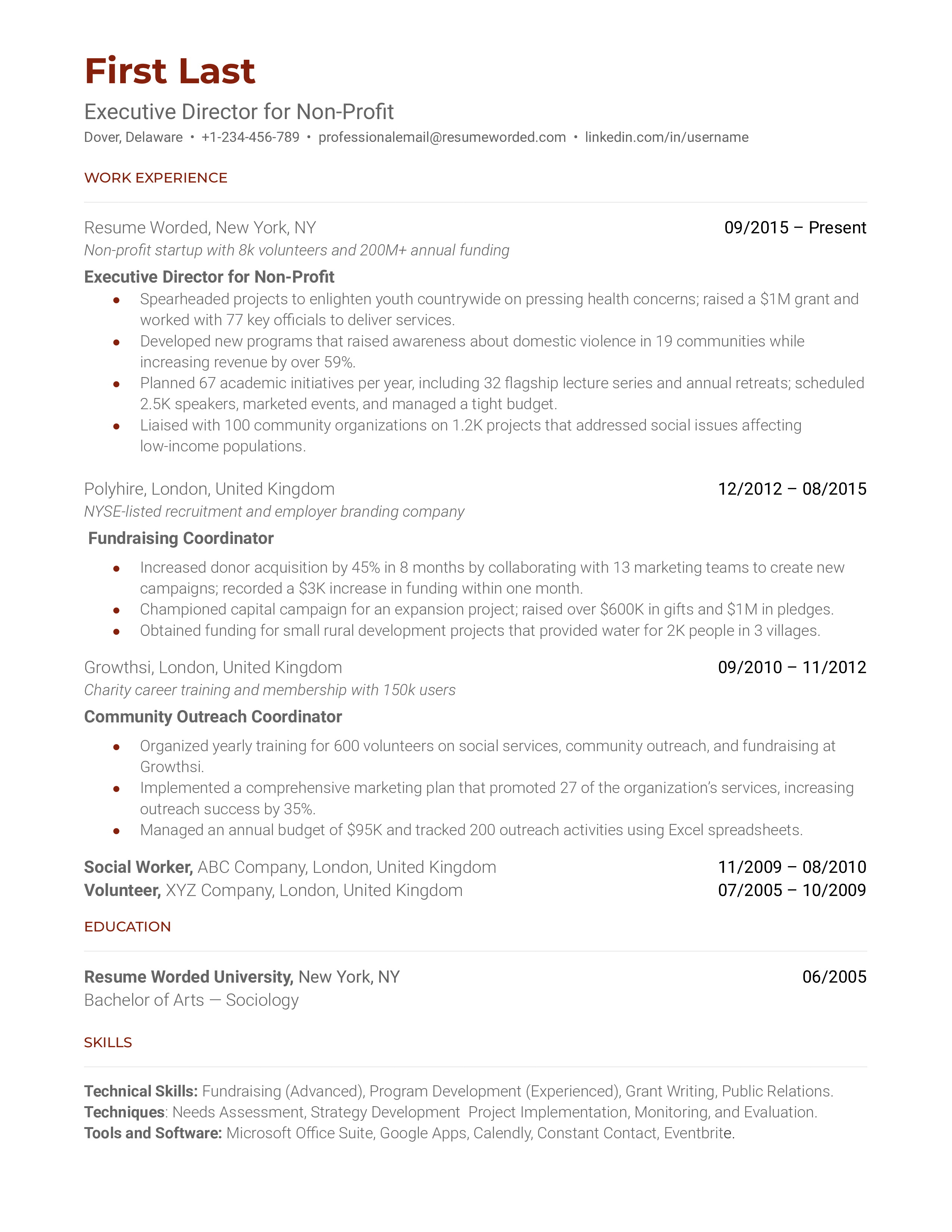 Executive Director for Non-Profit Resume Sample