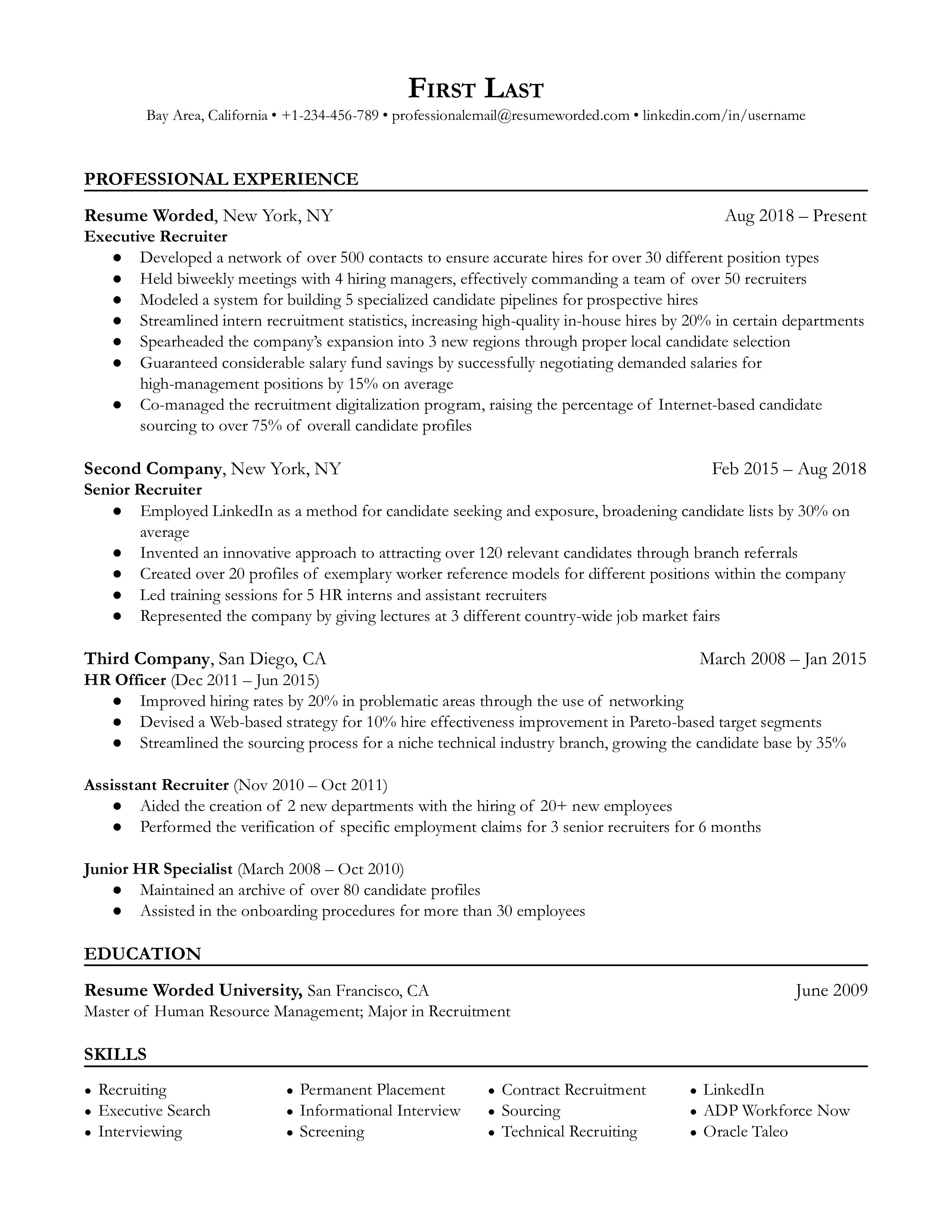 An executive recruiter sample resume that highlights leadership and managerial experience as well as career progression.