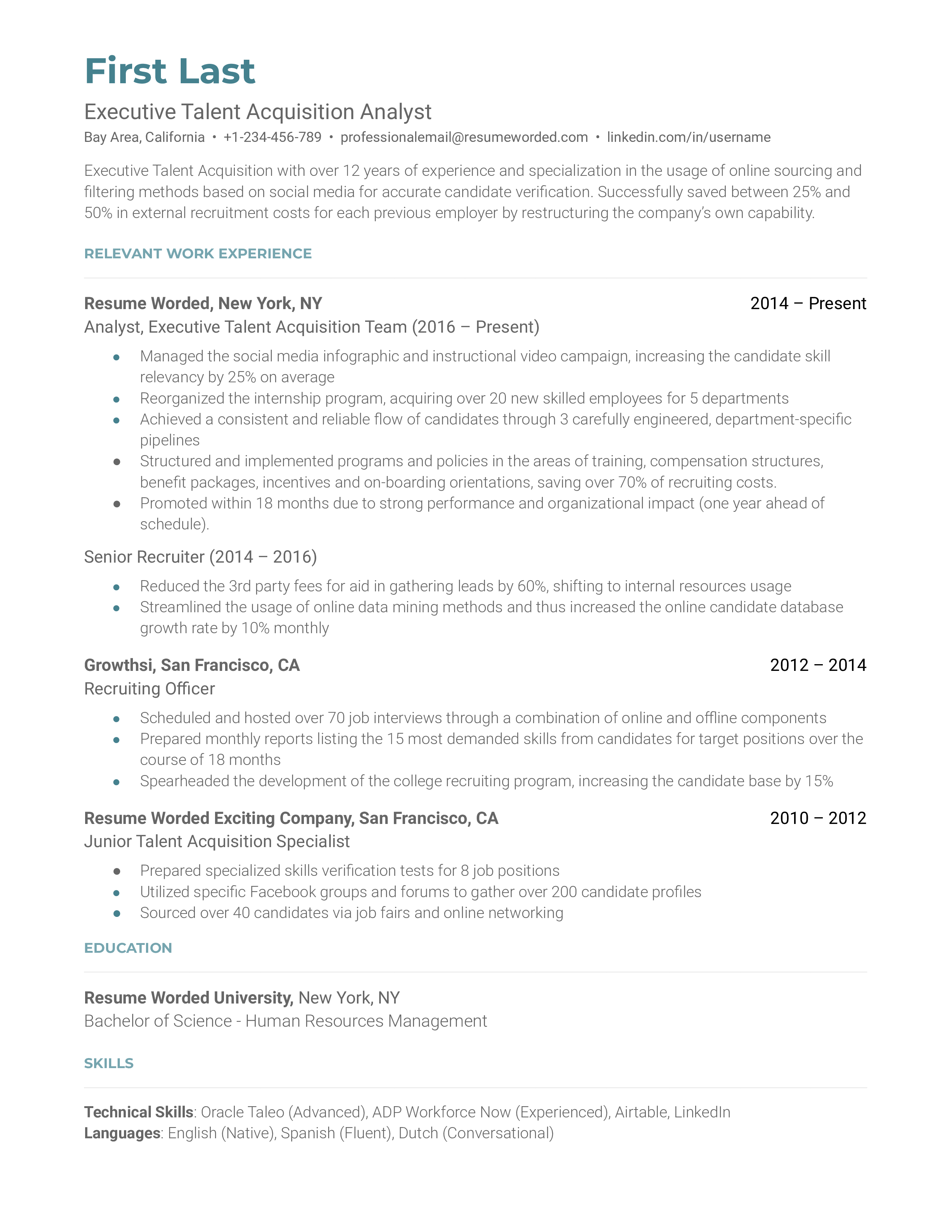 Executive Talent Acquisition Analyst Resume Sample