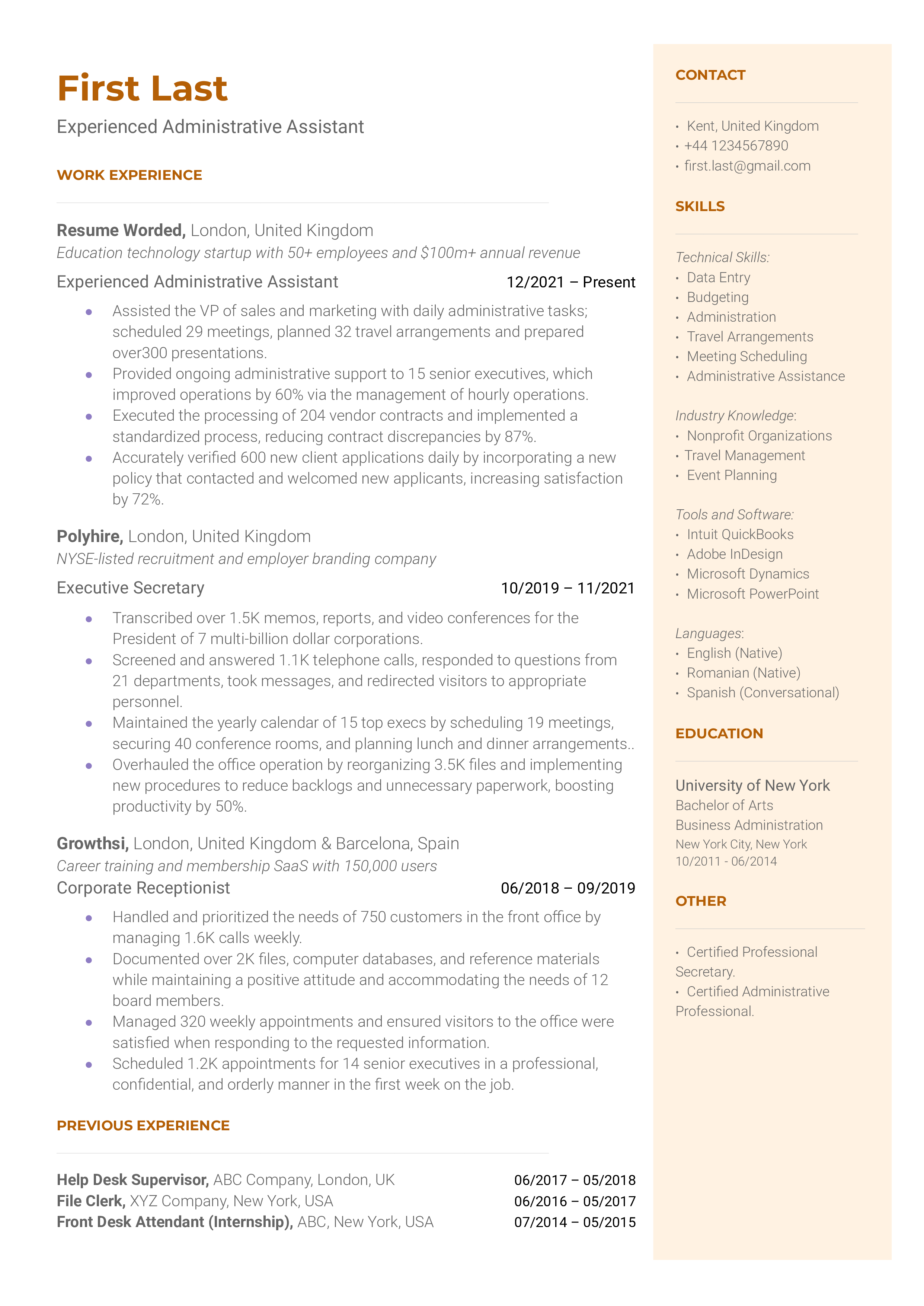 An experienced administrative assistant resume sample that highlights the applicant’s relevant certifications and transferable skills.