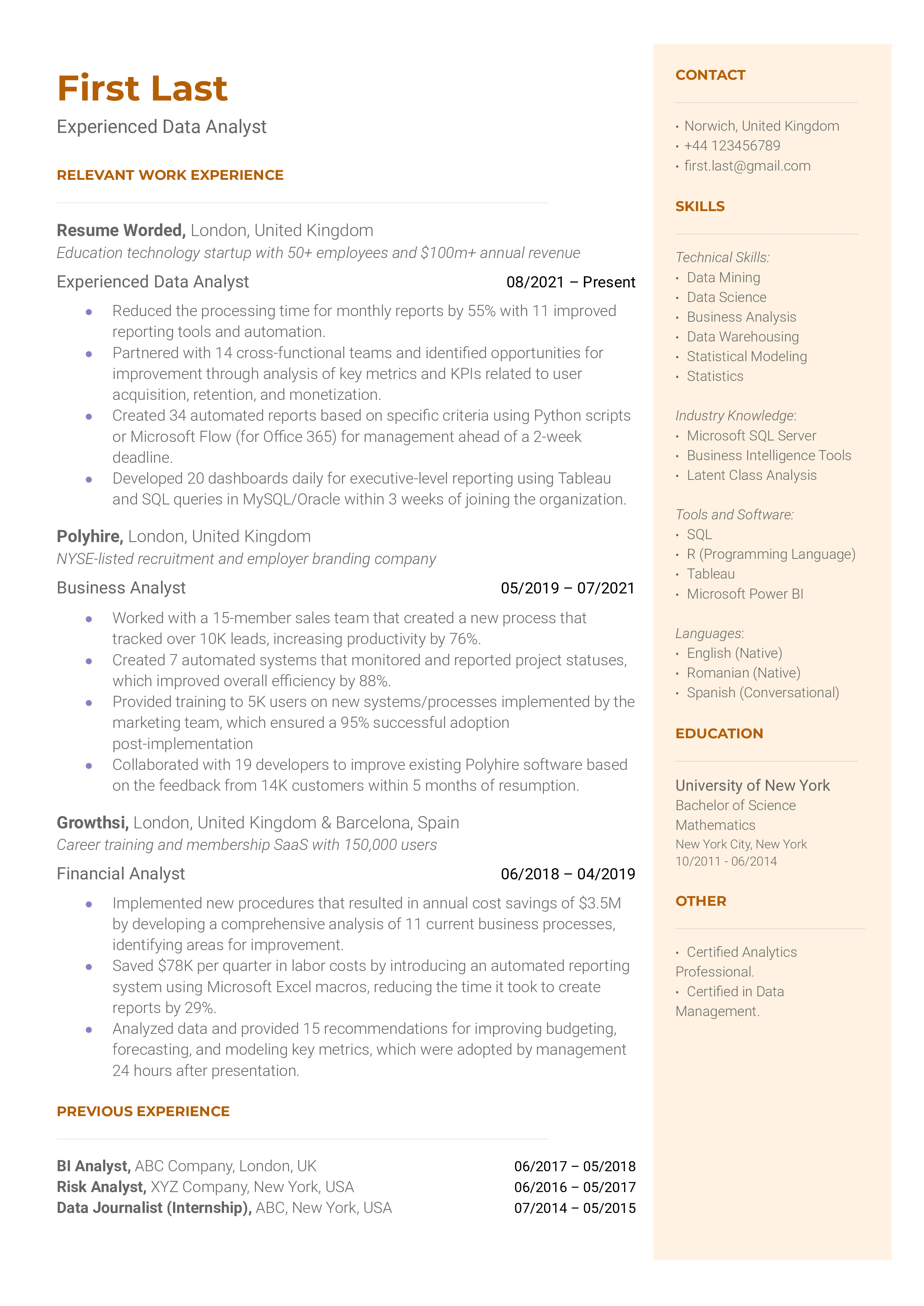 Experienced data analyst resume sample that highlights the applicant's experience and certifications.
