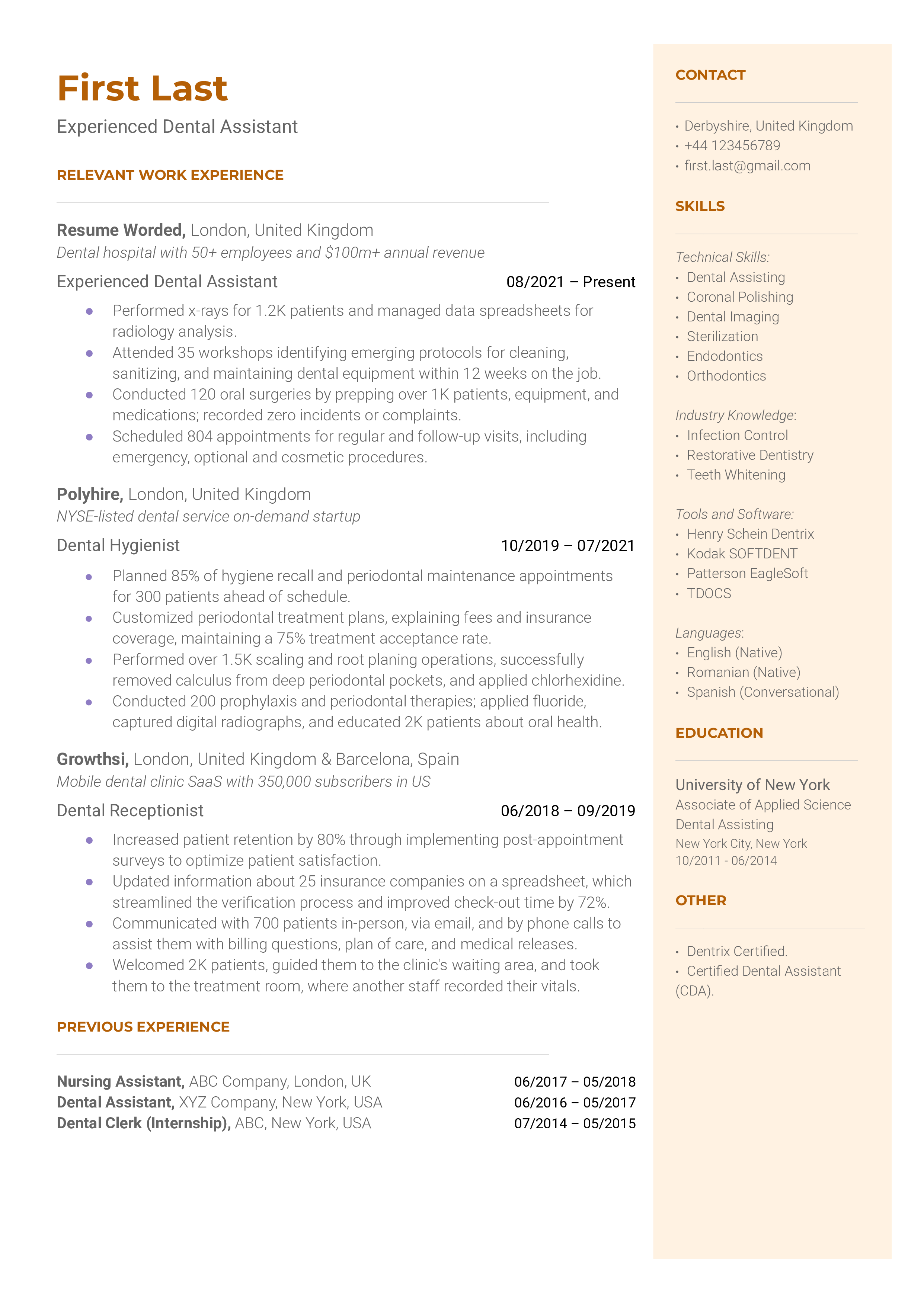 Entry Level Dental Assistant Resume Example For 2022 Resume Worded