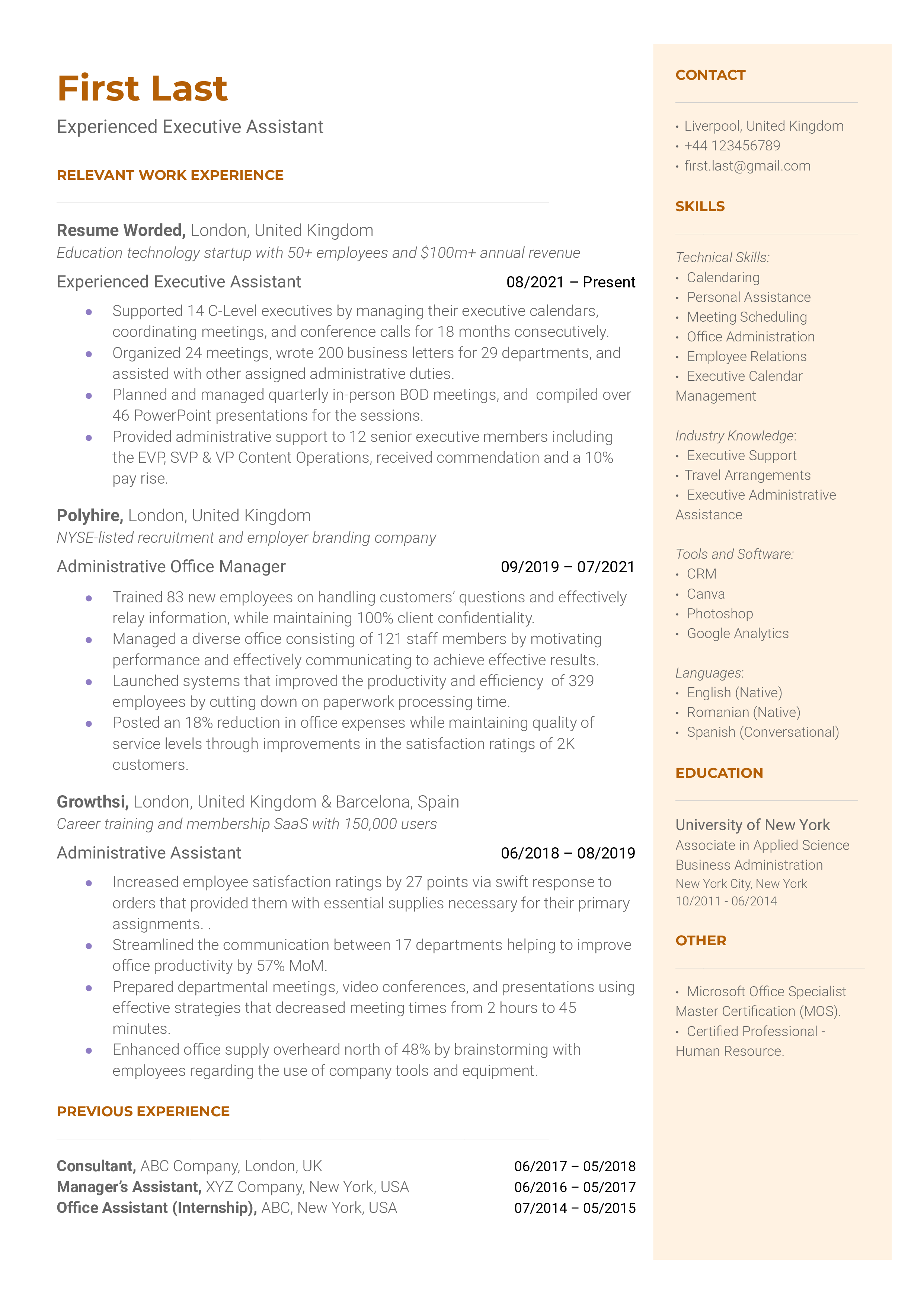Experienced Executive Assistant Resume Sample