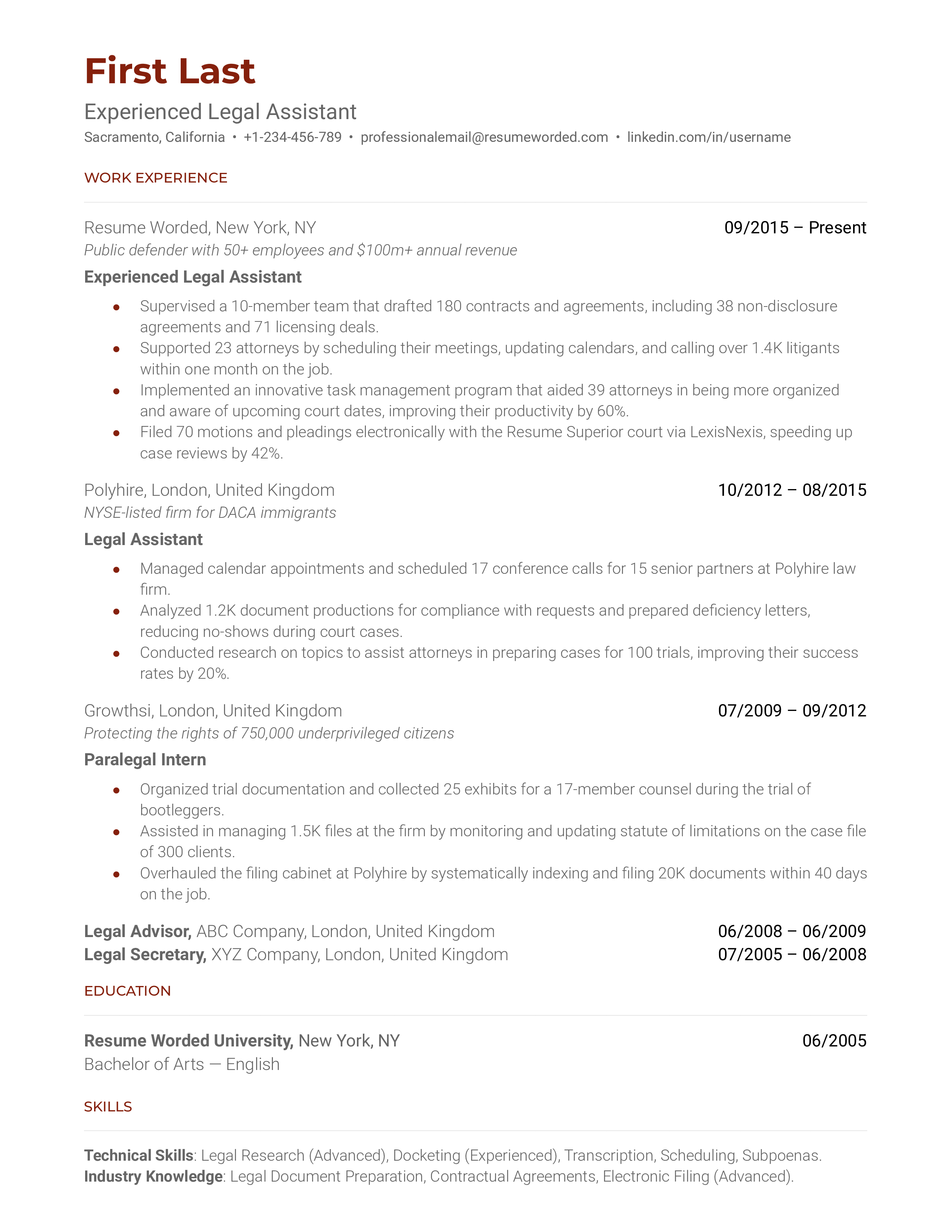 Experienced Legal Assistant Resume Sample