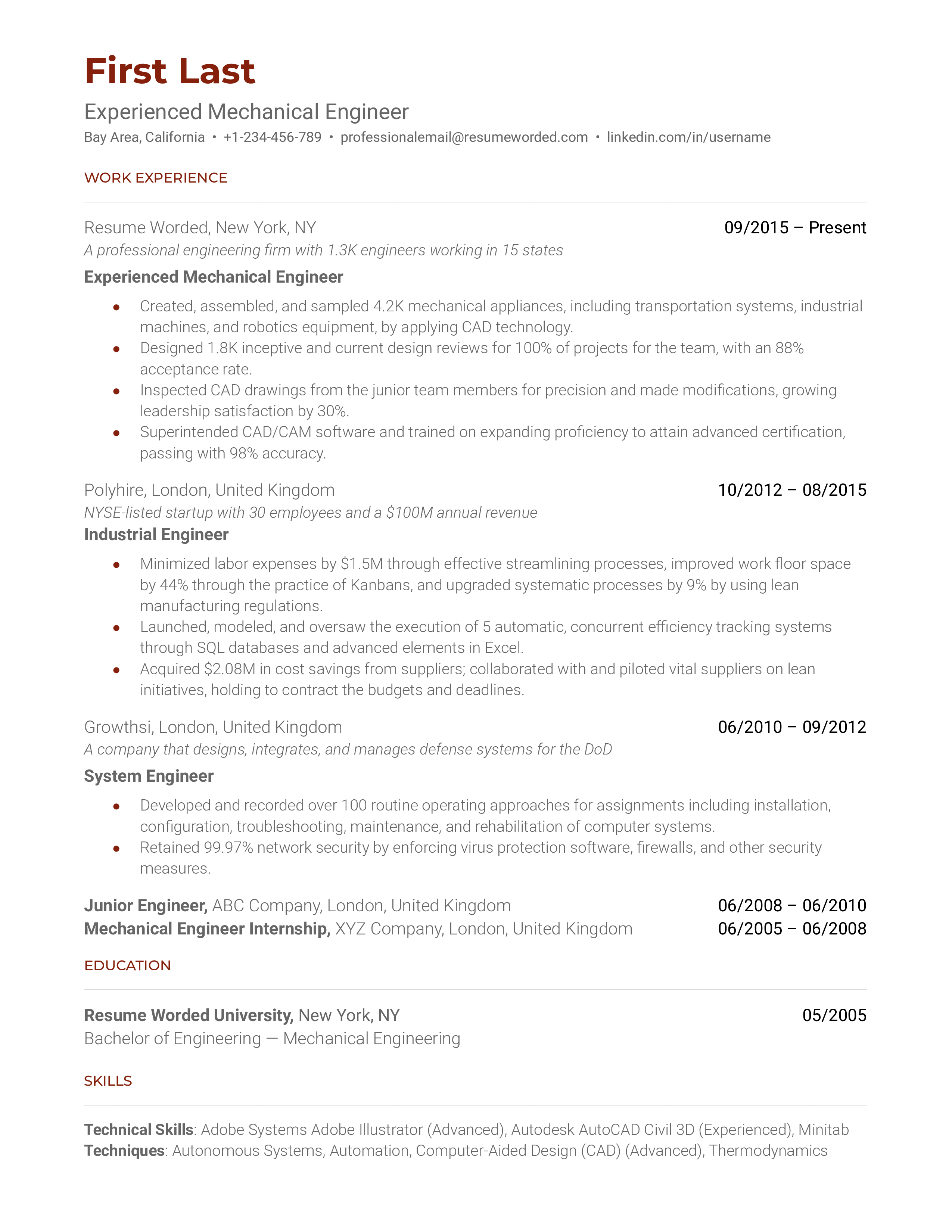 Experienced Mechanical Engineer  Resume Sample