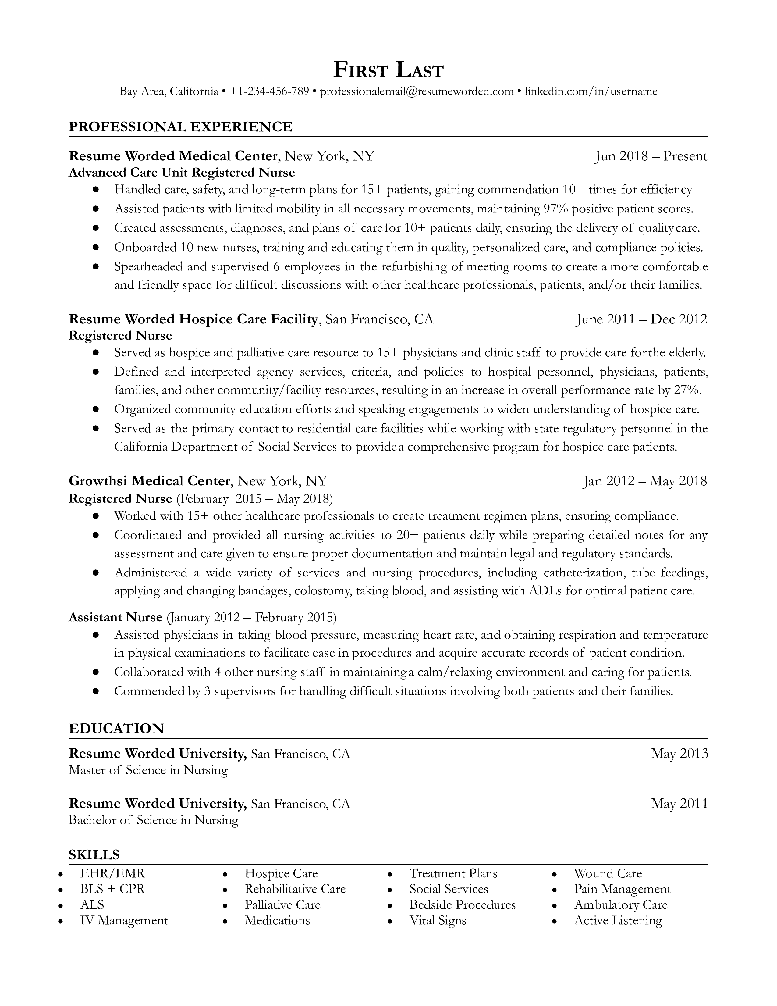 A well-structured CV of an experienced nurse showcasing specialties and leadership roles.