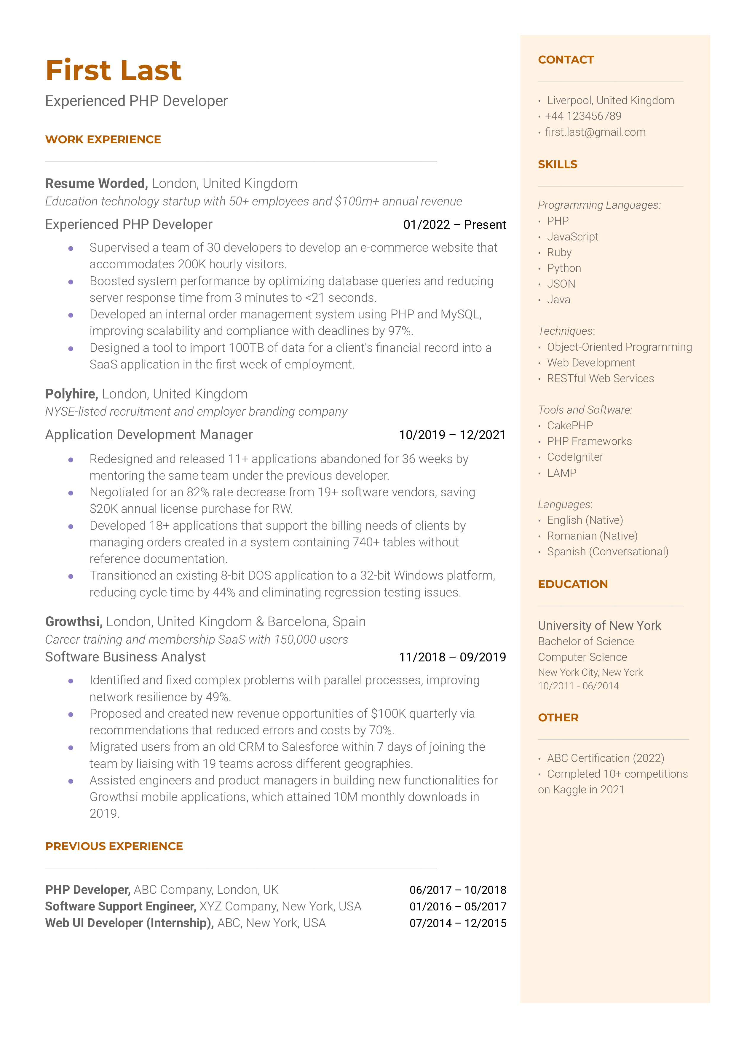 A snapshot showing a CV of an experienced PHP developer emphasizing on frameworks proficiency and successful projects.