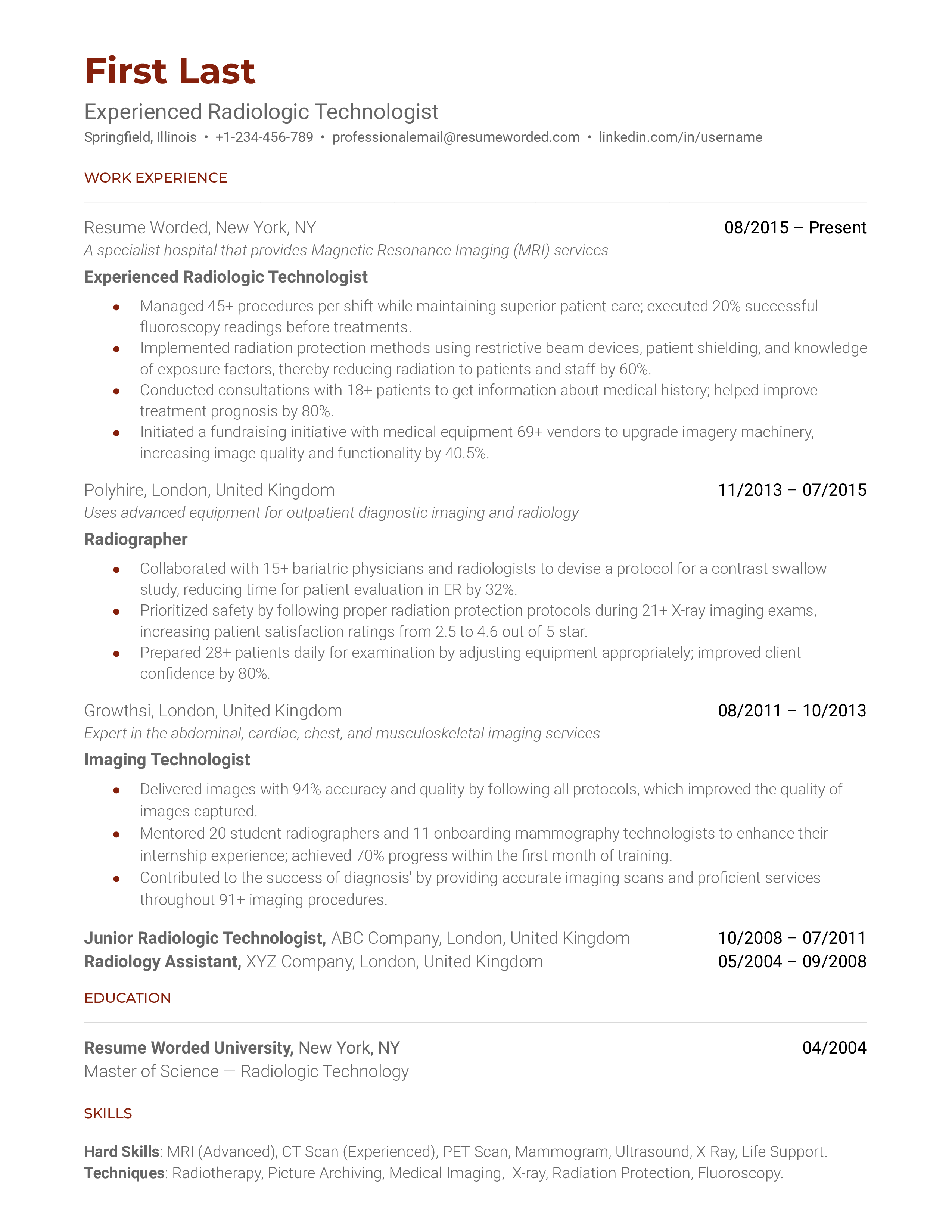 Experienced Radiologic Technologist Resume Sample